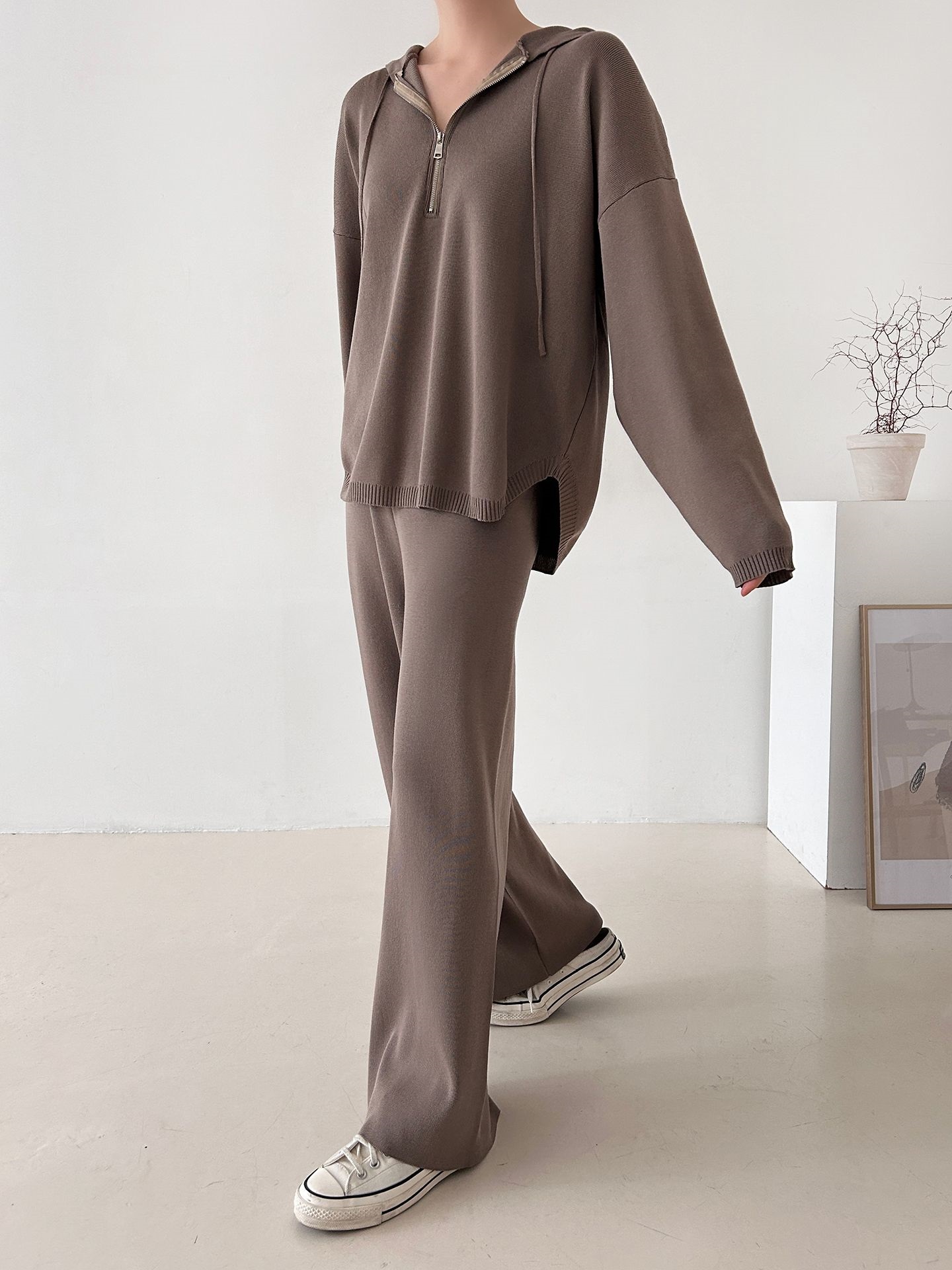ハーフジップフードウエストゴムセットアップパンツニット | 詳細画像21