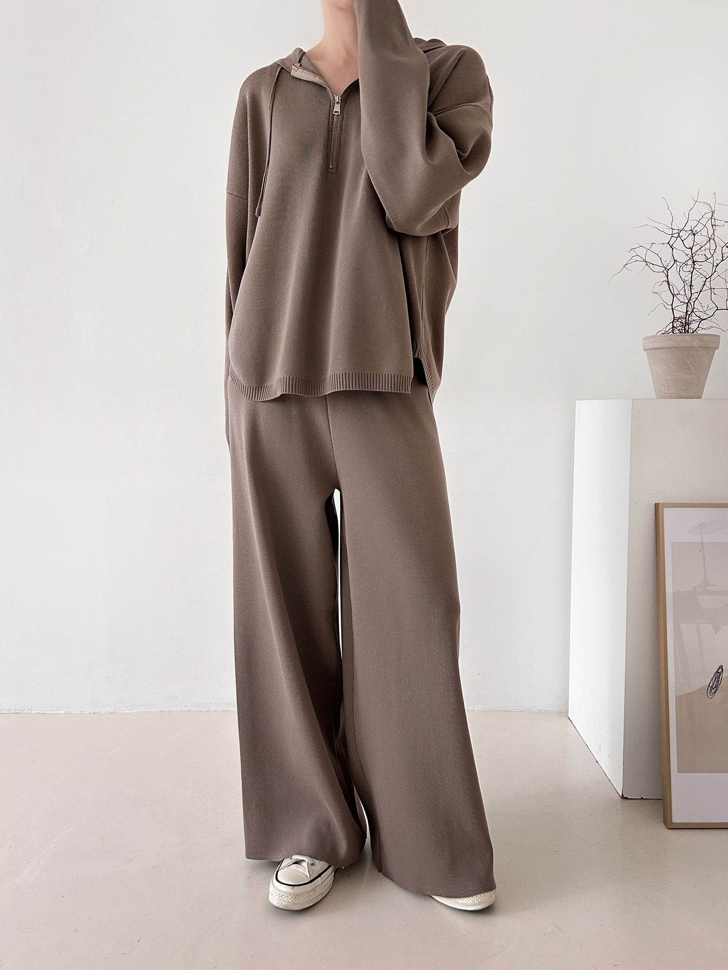 ハーフジップフードウエストゴムセットアップパンツニット | 詳細画像22