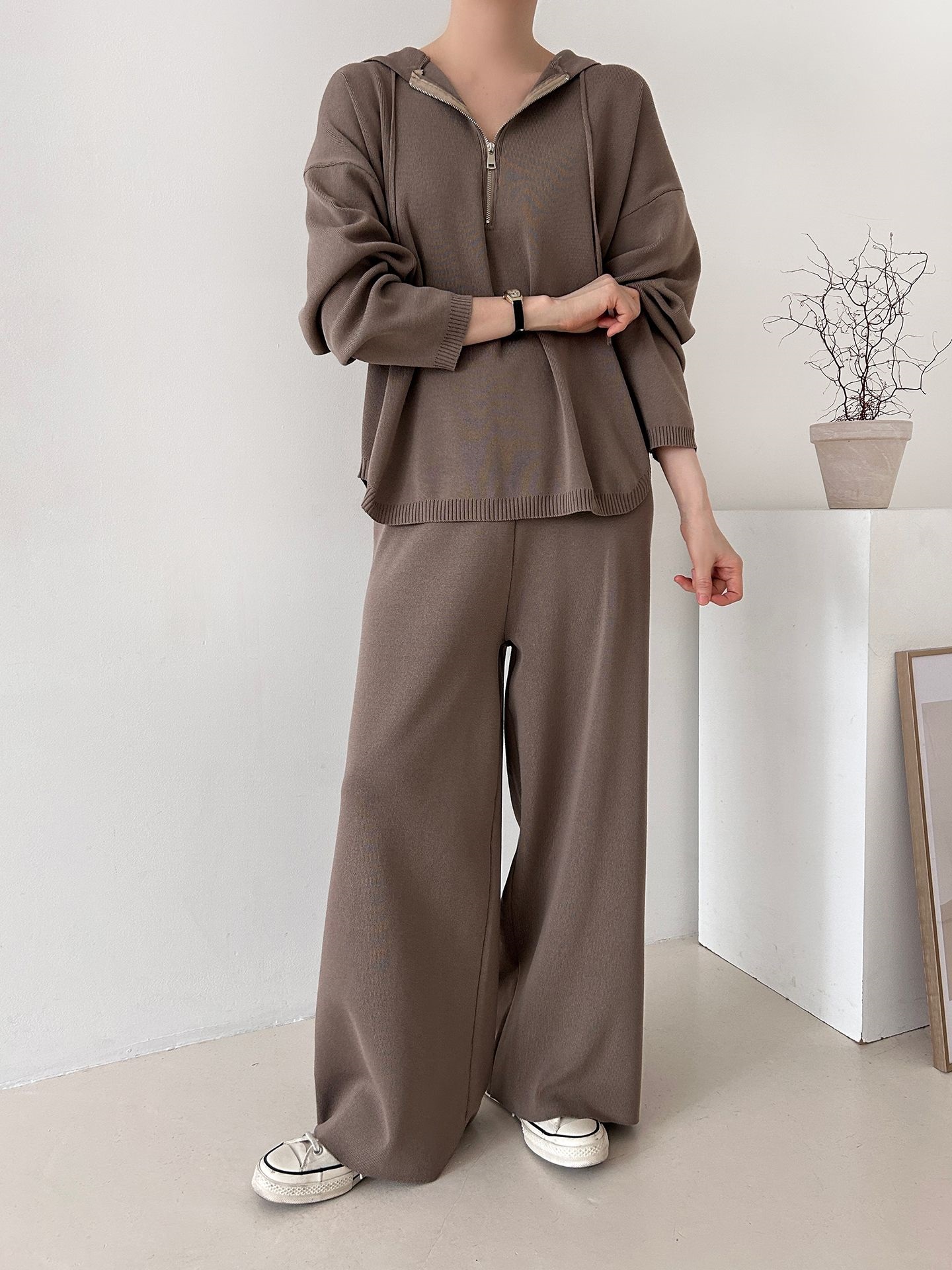 ハーフジップフードウエストゴムセットアップパンツニット | 詳細画像23