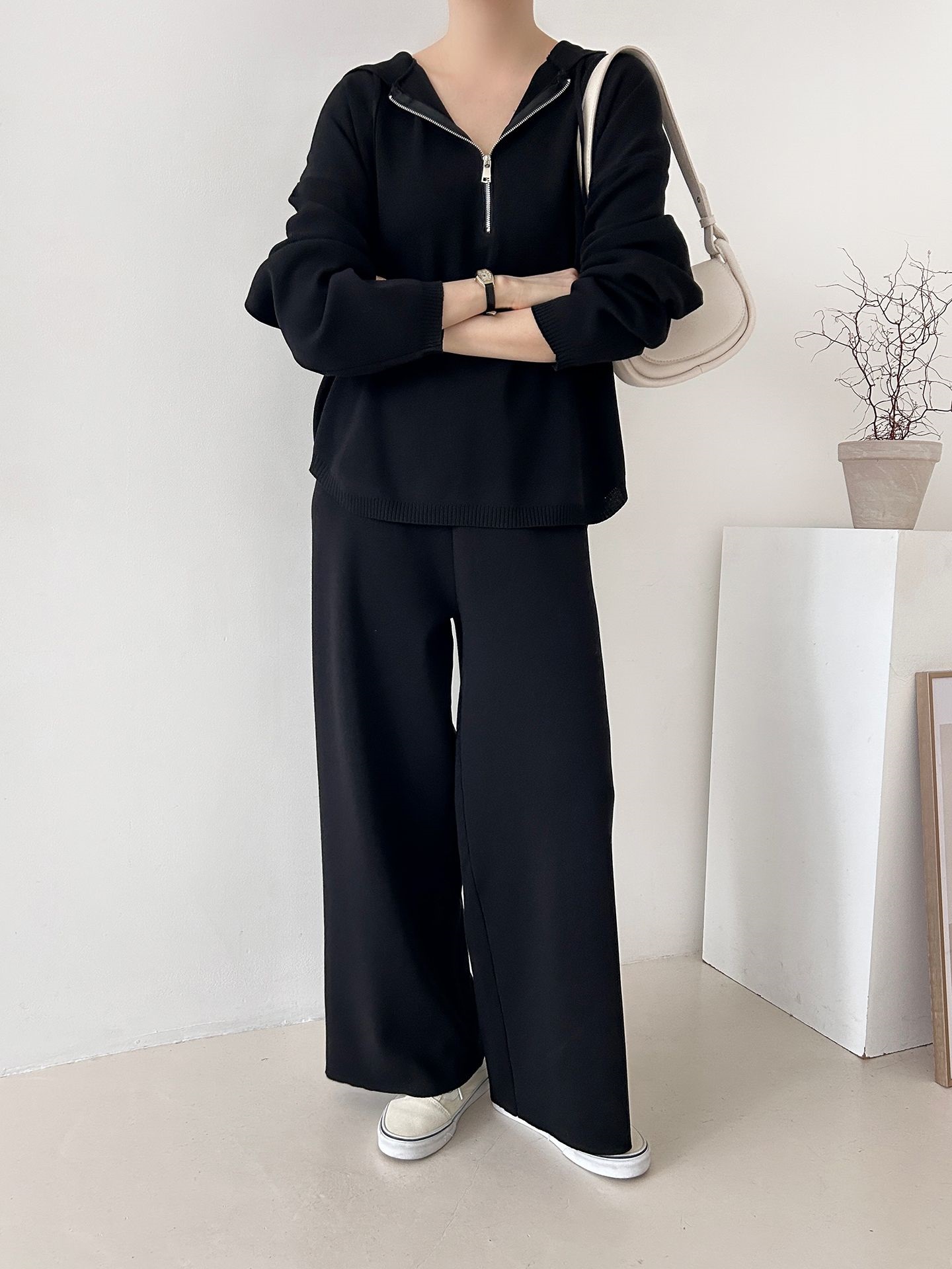 ハーフジップフードウエストゴムセットアップパンツニット | 詳細画像32