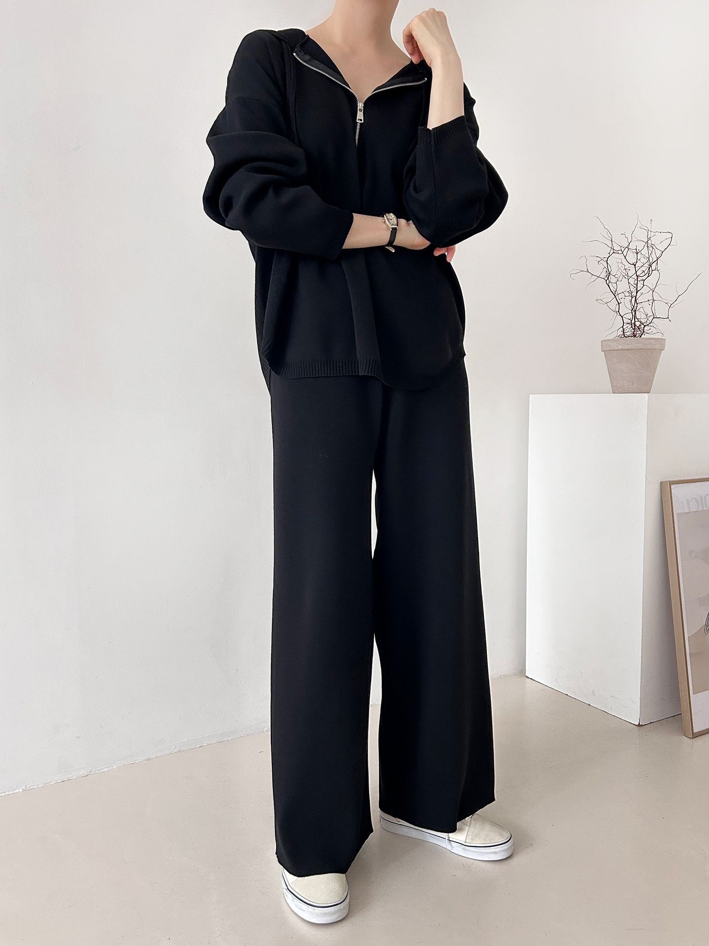 ハーフジップフードウエストゴムセットアップパンツニット | 詳細画像30