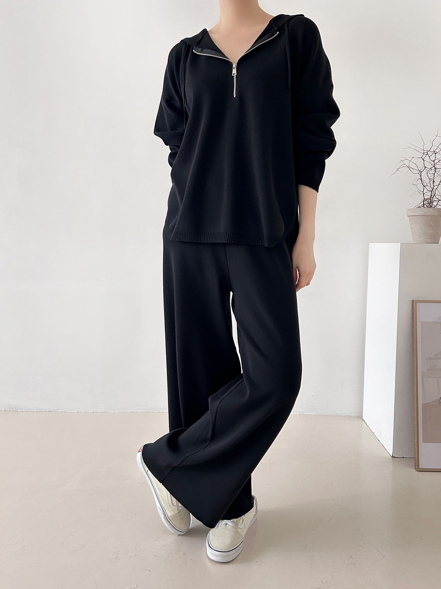 ハーフジップフードウエストゴムセットアップパンツニット | 詳細画像31