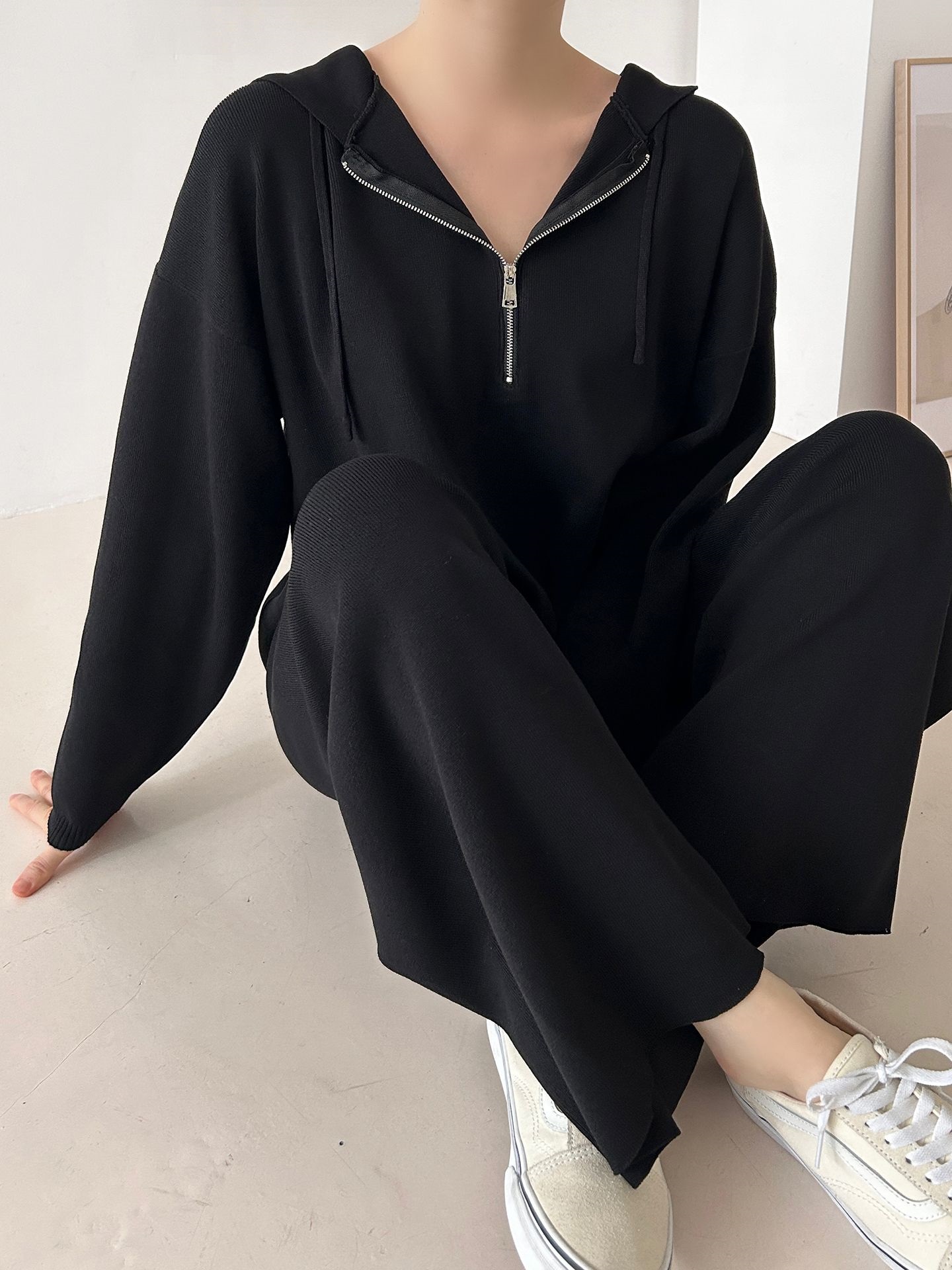 ハーフジップフードウエストゴムセットアップパンツニット | 詳細画像26