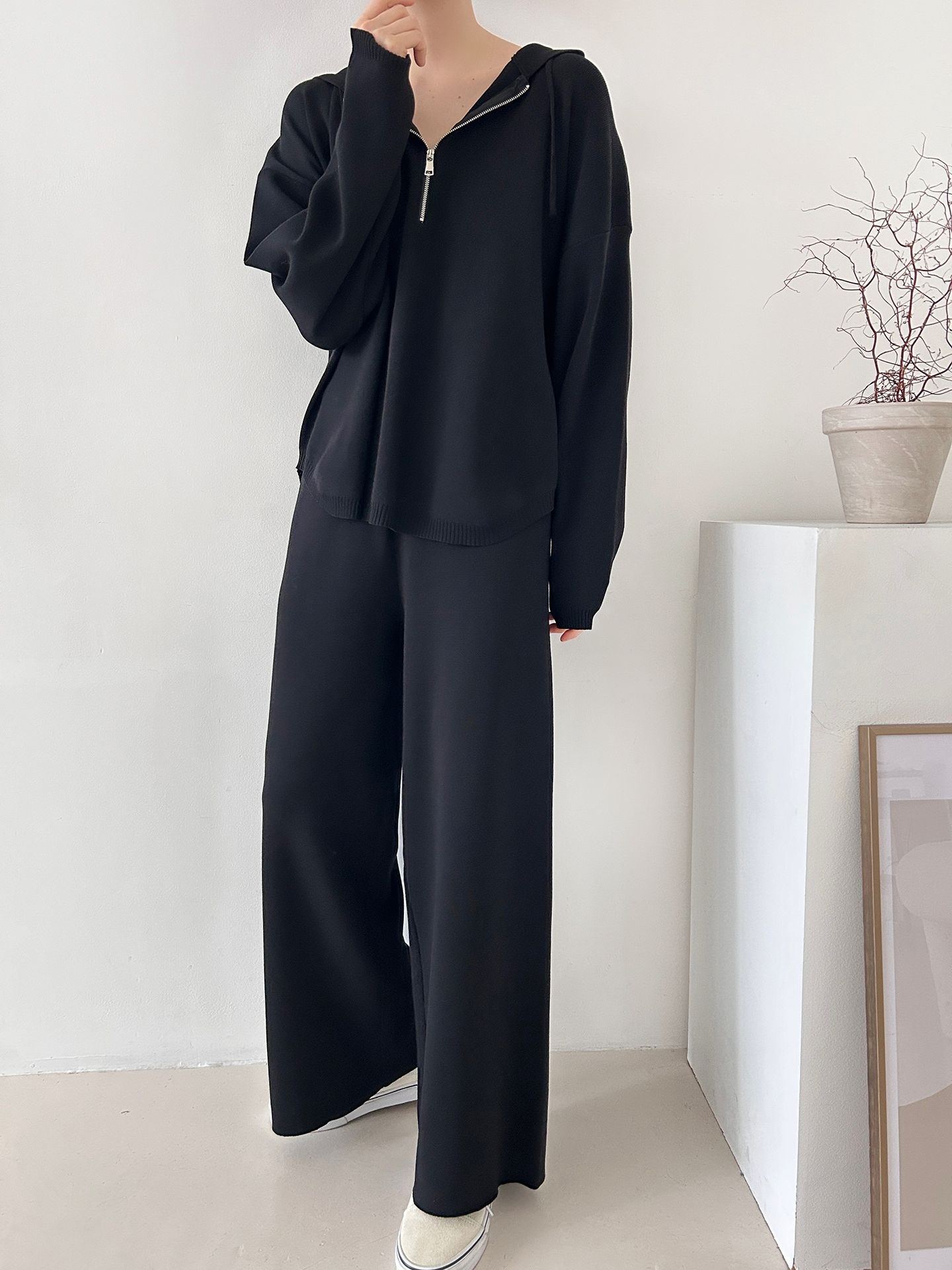 ハーフジップフードウエストゴムセットアップパンツニット | 詳細画像33