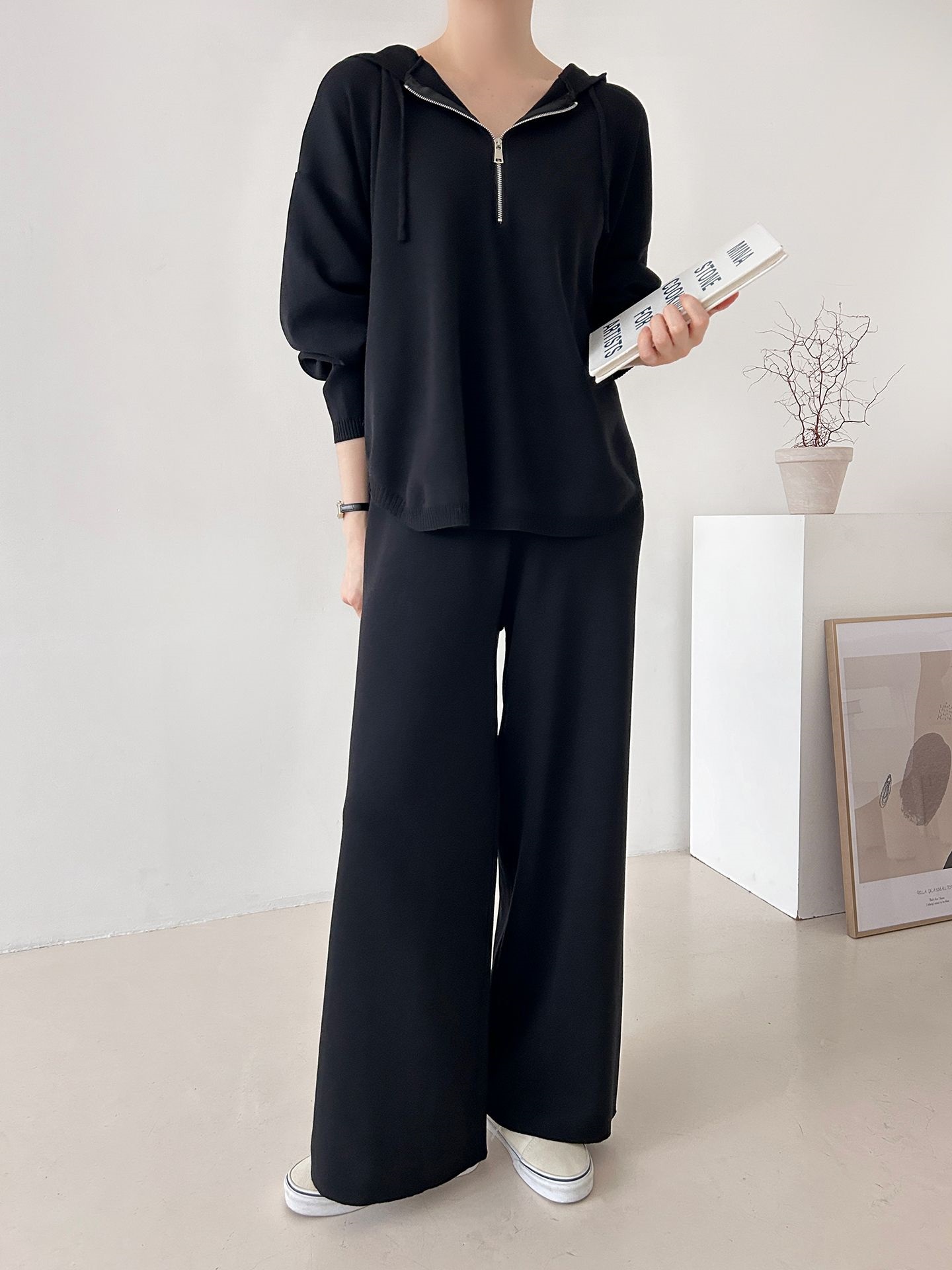 ハーフジップフードウエストゴムセットアップパンツニット | 詳細画像34