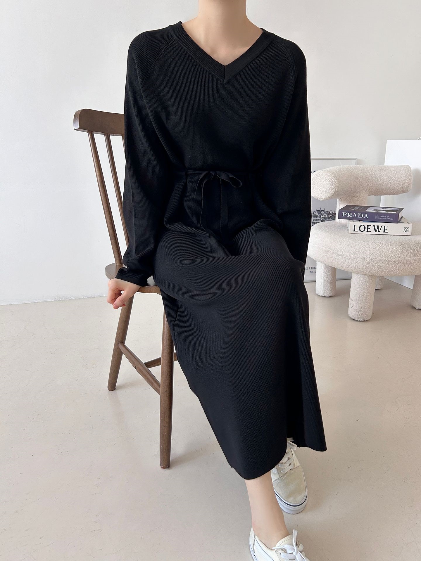 ニットVネックドローストリングロング長袖ワンピース | 詳細画像27