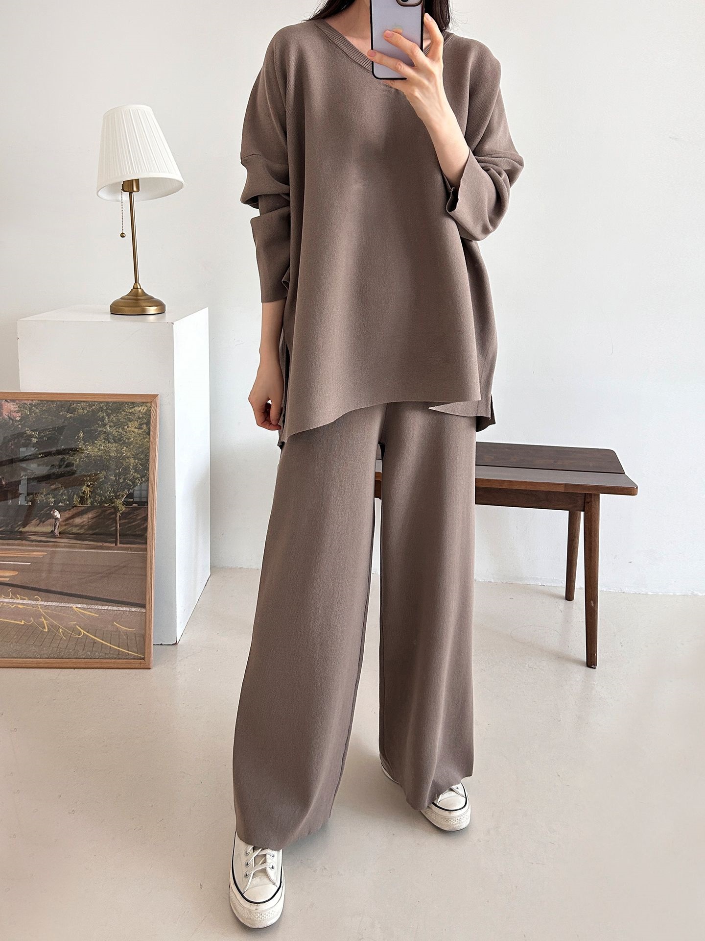 Vネックスリットベーシックウエストゴムルーズ無地セットアップパンツニット | 詳細画像3