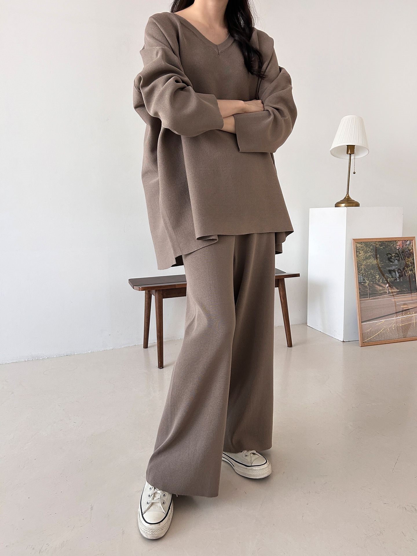 Vネックスリットベーシックウエストゴムルーズ無地セットアップパンツニット | 詳細画像4