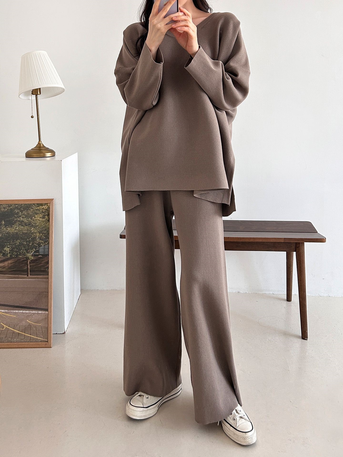 Vネックスリットベーシックウエストゴムルーズ無地セットアップパンツニット | 詳細画像5