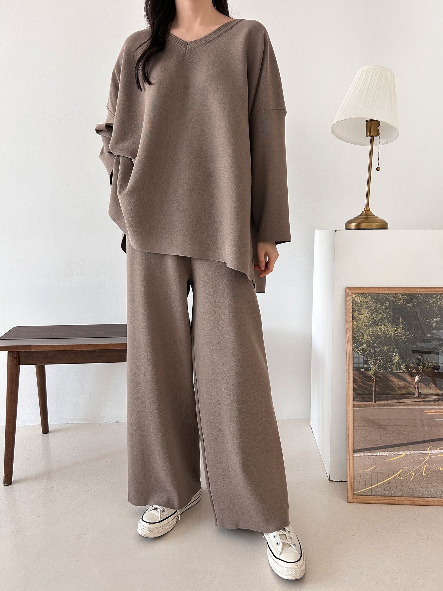 Vネックスリットベーシックウエストゴムルーズ無地セットアップパンツニット | 詳細画像6