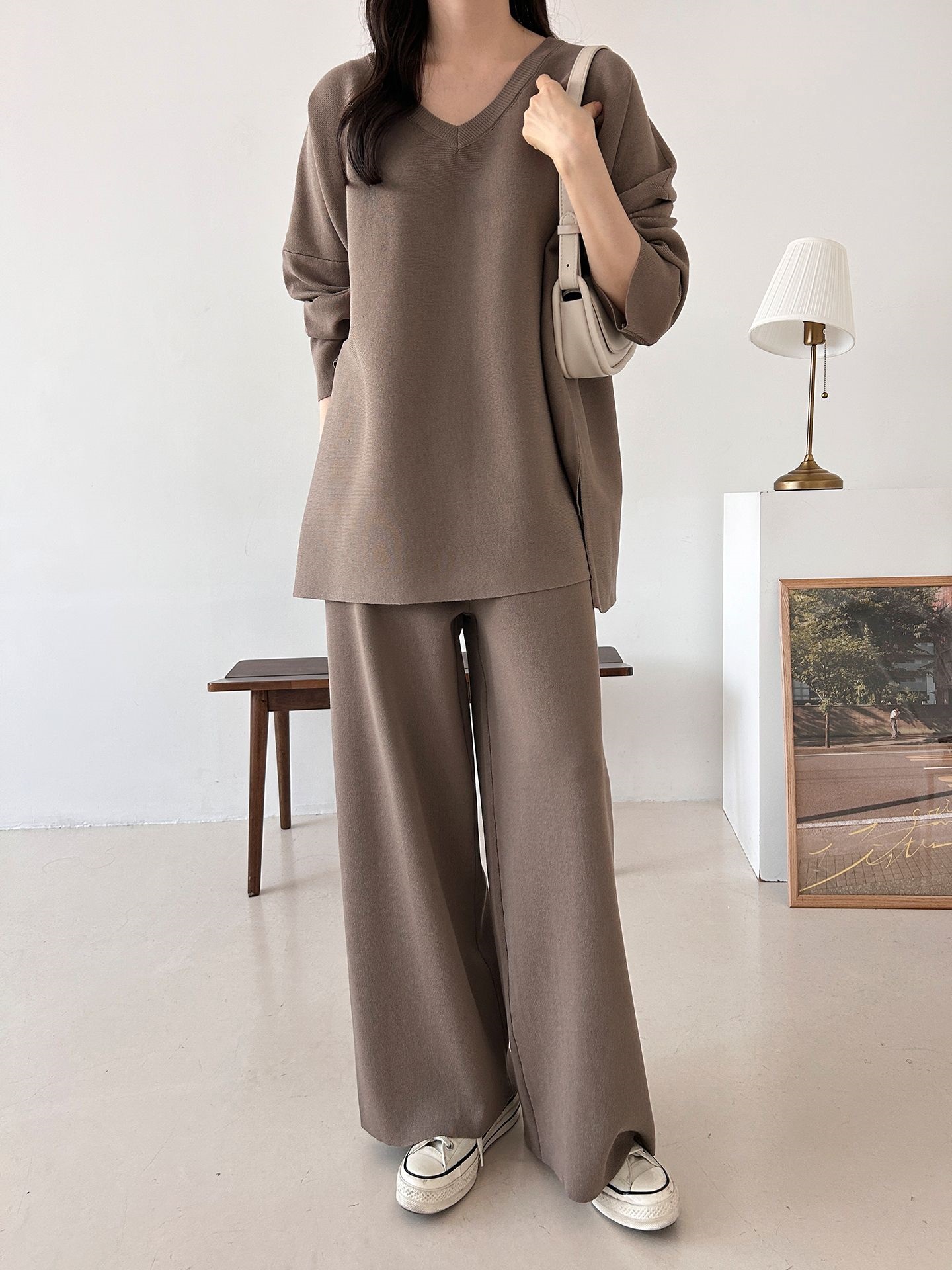 Vネックスリットベーシックウエストゴムルーズ無地セットアップパンツニット | 詳細画像7