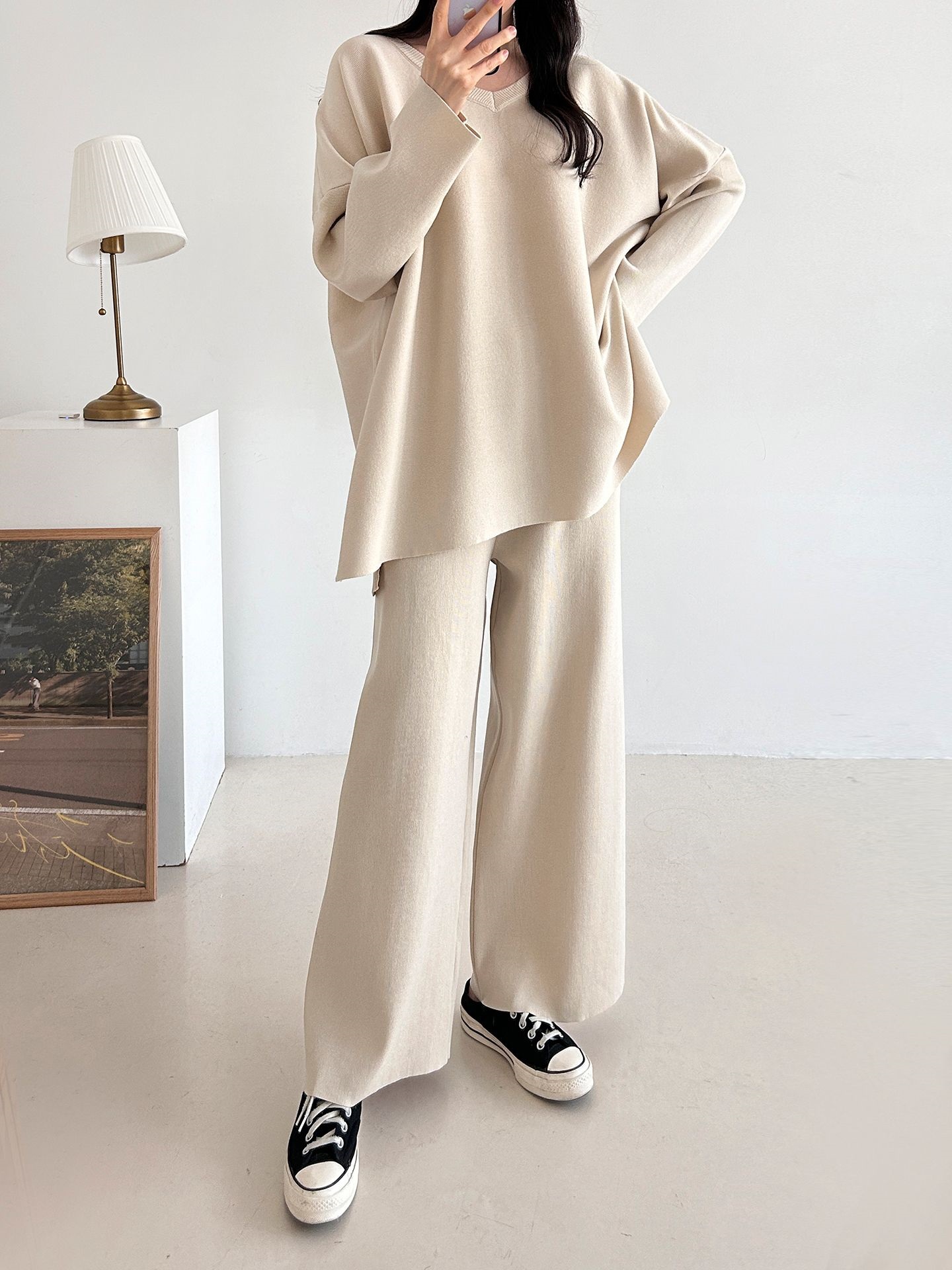 Vネックスリットベーシックウエストゴムルーズ無地セットアップパンツニット | 詳細画像14