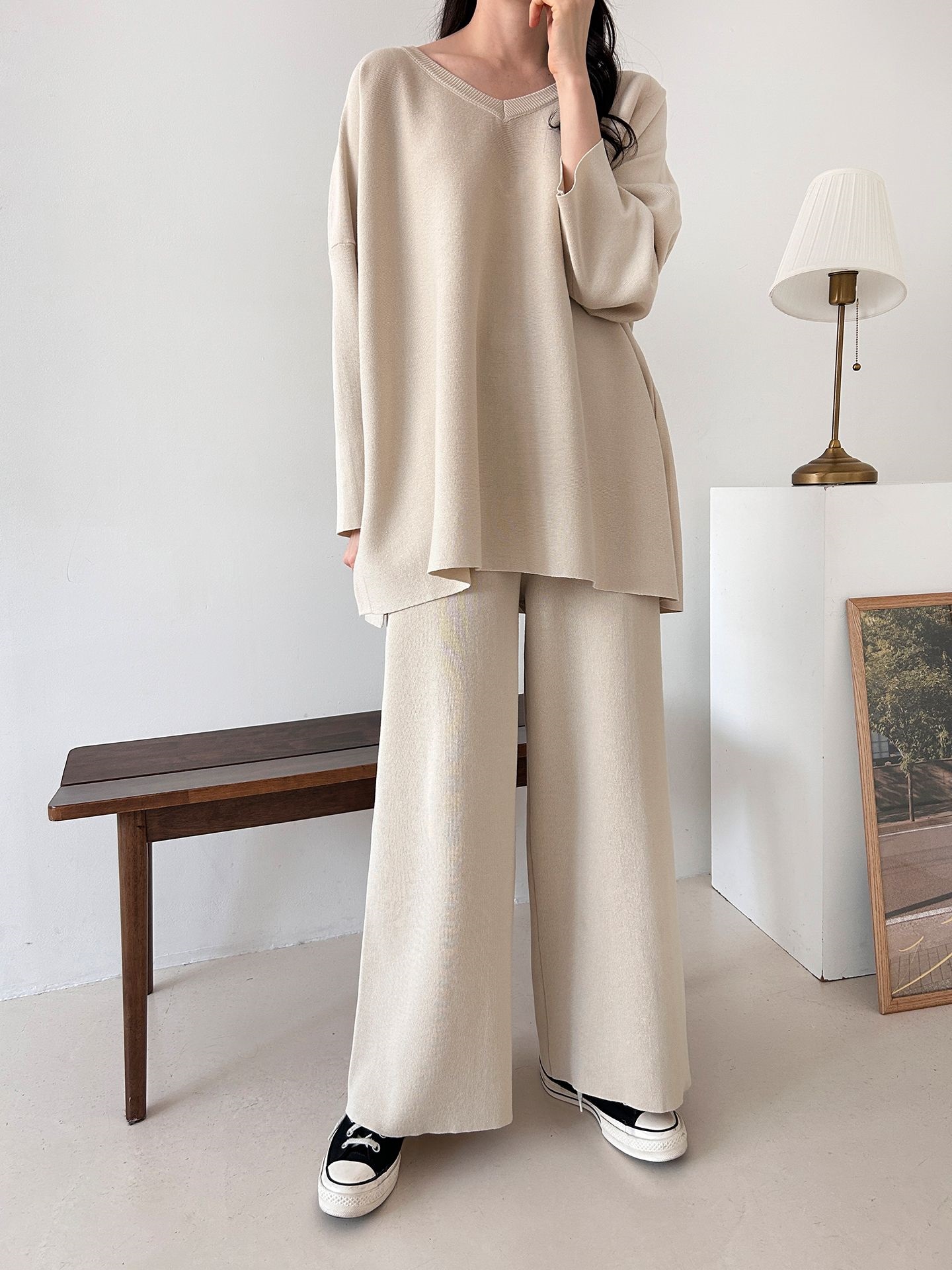 Vネックスリットベーシックウエストゴムルーズ無地セットアップパンツニット | 詳細画像15