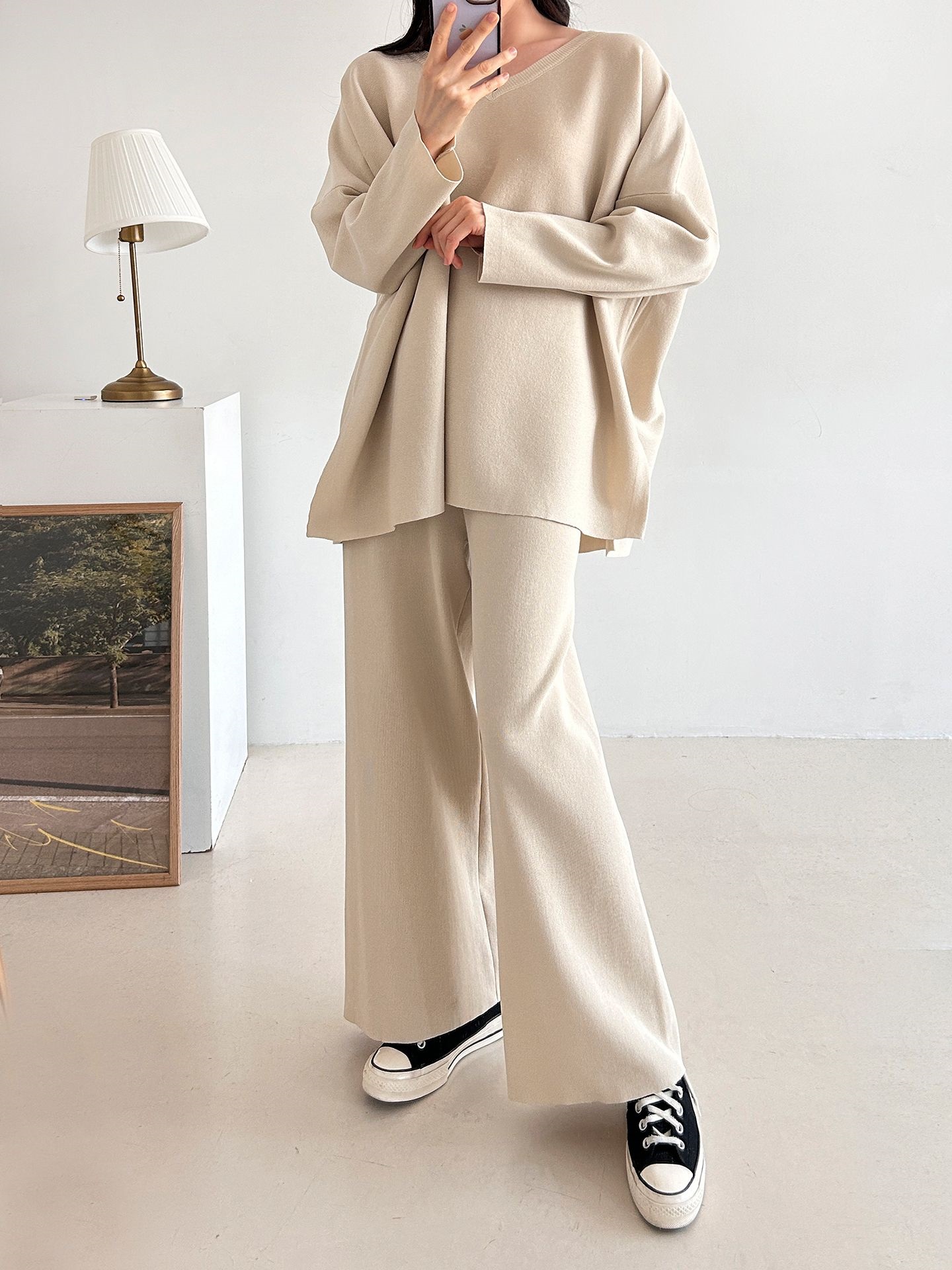 Vネックスリットベーシックウエストゴムルーズ無地セットアップパンツニット | 詳細画像16