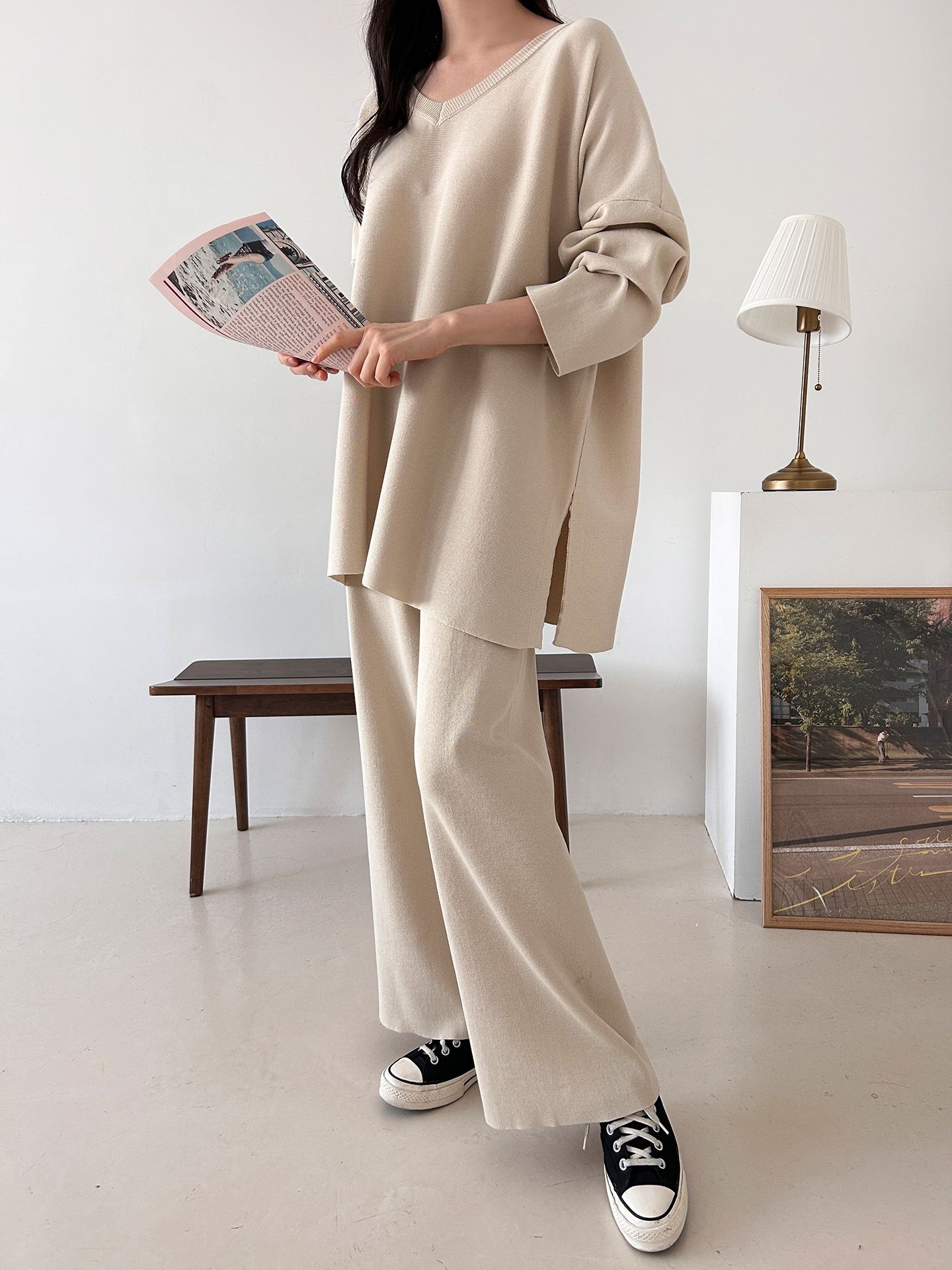 Vネックスリットベーシックウエストゴムルーズ無地セットアップパンツニット | 詳細画像19