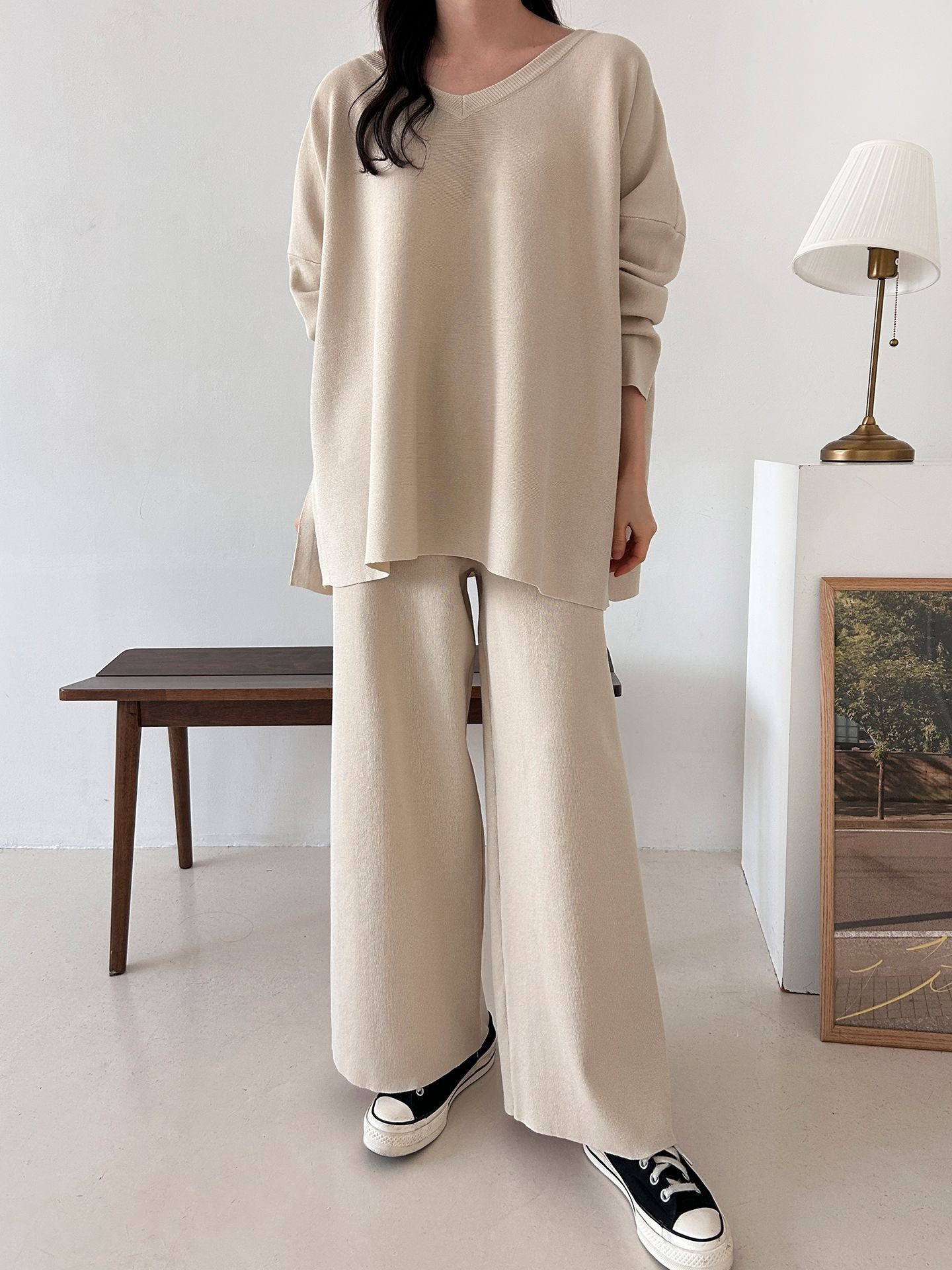 Vネックスリットベーシックウエストゴムルーズ無地セットアップパンツニット | 詳細画像20