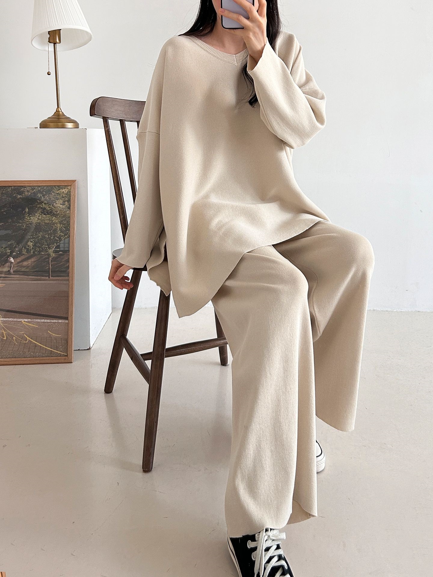 Vネックスリットベーシックウエストゴムルーズ無地セットアップパンツニット | 詳細画像22