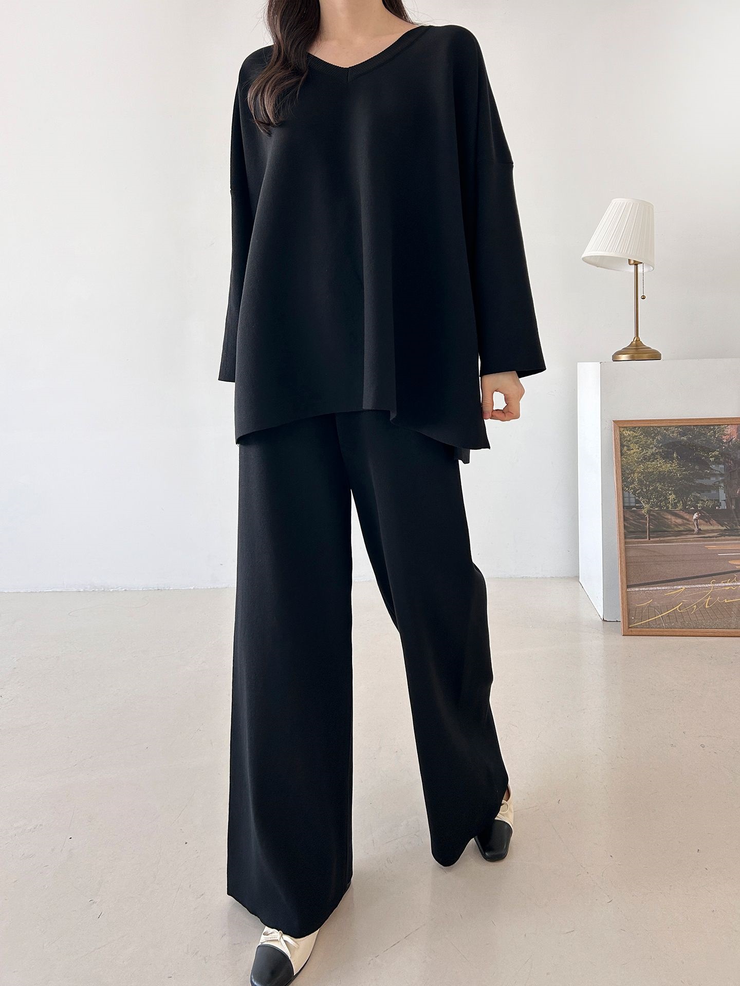 Vネックスリットベーシックウエストゴムルーズ無地セットアップパンツニット | 詳細画像23