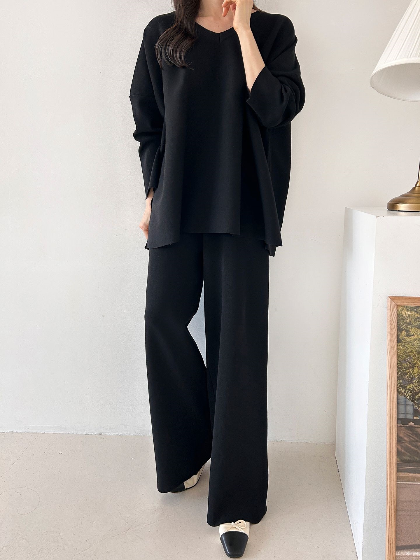 Vネックスリットベーシックウエストゴムルーズ無地セットアップパンツニット | 詳細画像24