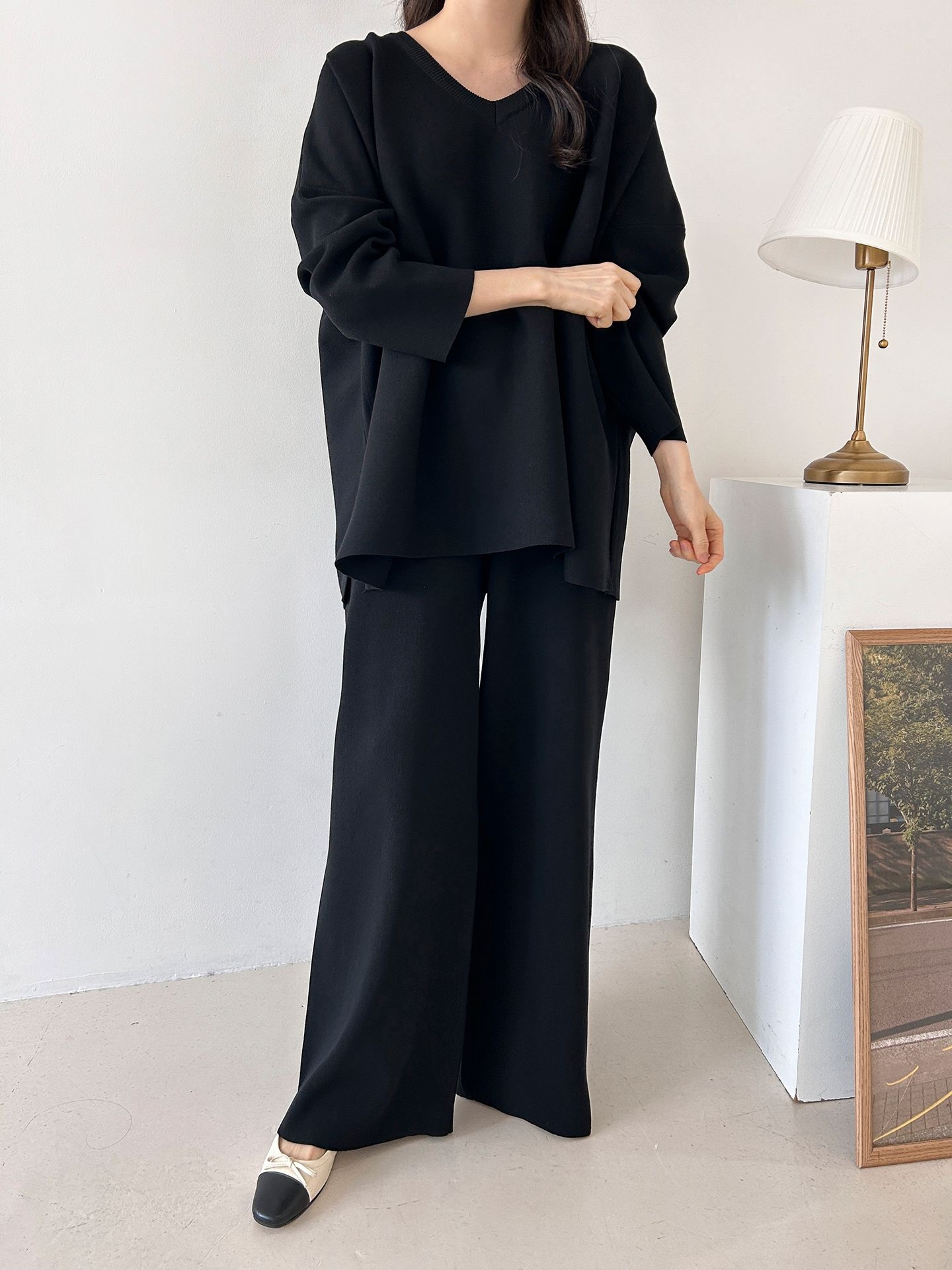 Vネックスリットベーシックウエストゴムルーズ無地セットアップパンツニット | 詳細画像25