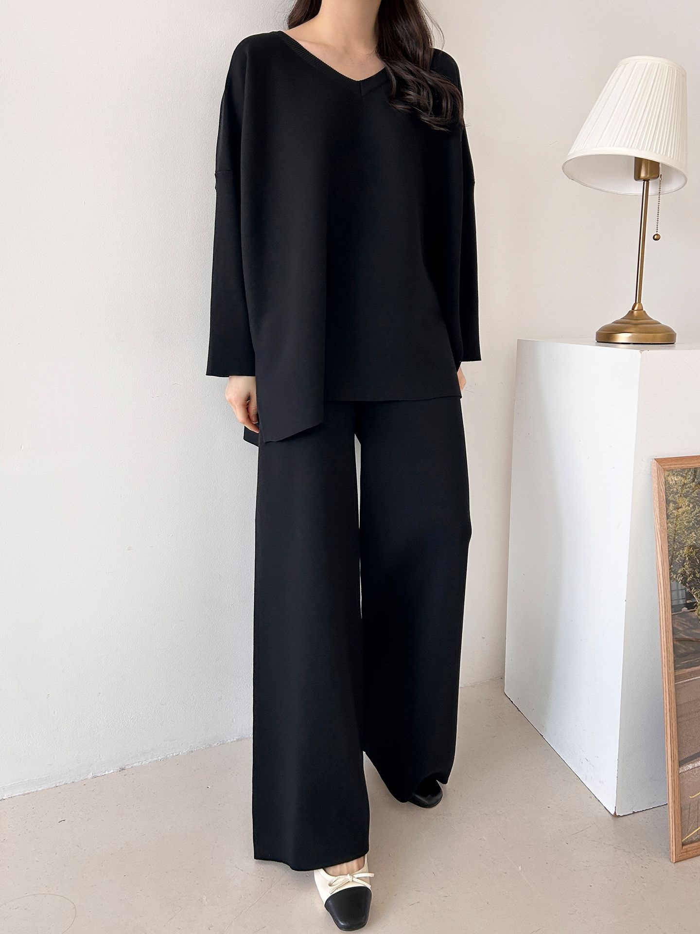 Vネックスリットベーシックウエストゴムルーズ無地セットアップパンツニット | 詳細画像26