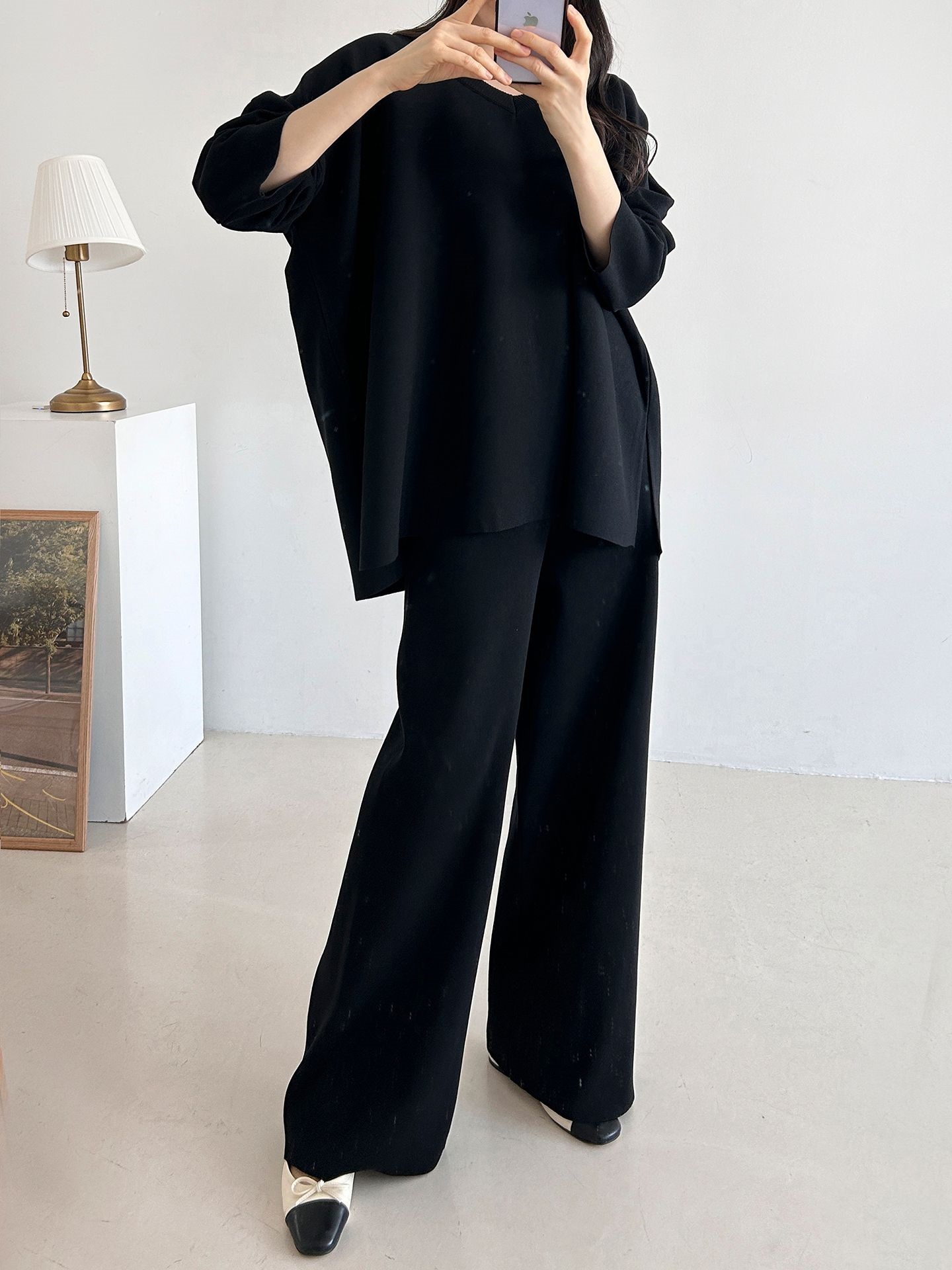 Vネックスリットベーシックウエストゴムルーズ無地セットアップパンツニット | 詳細画像27