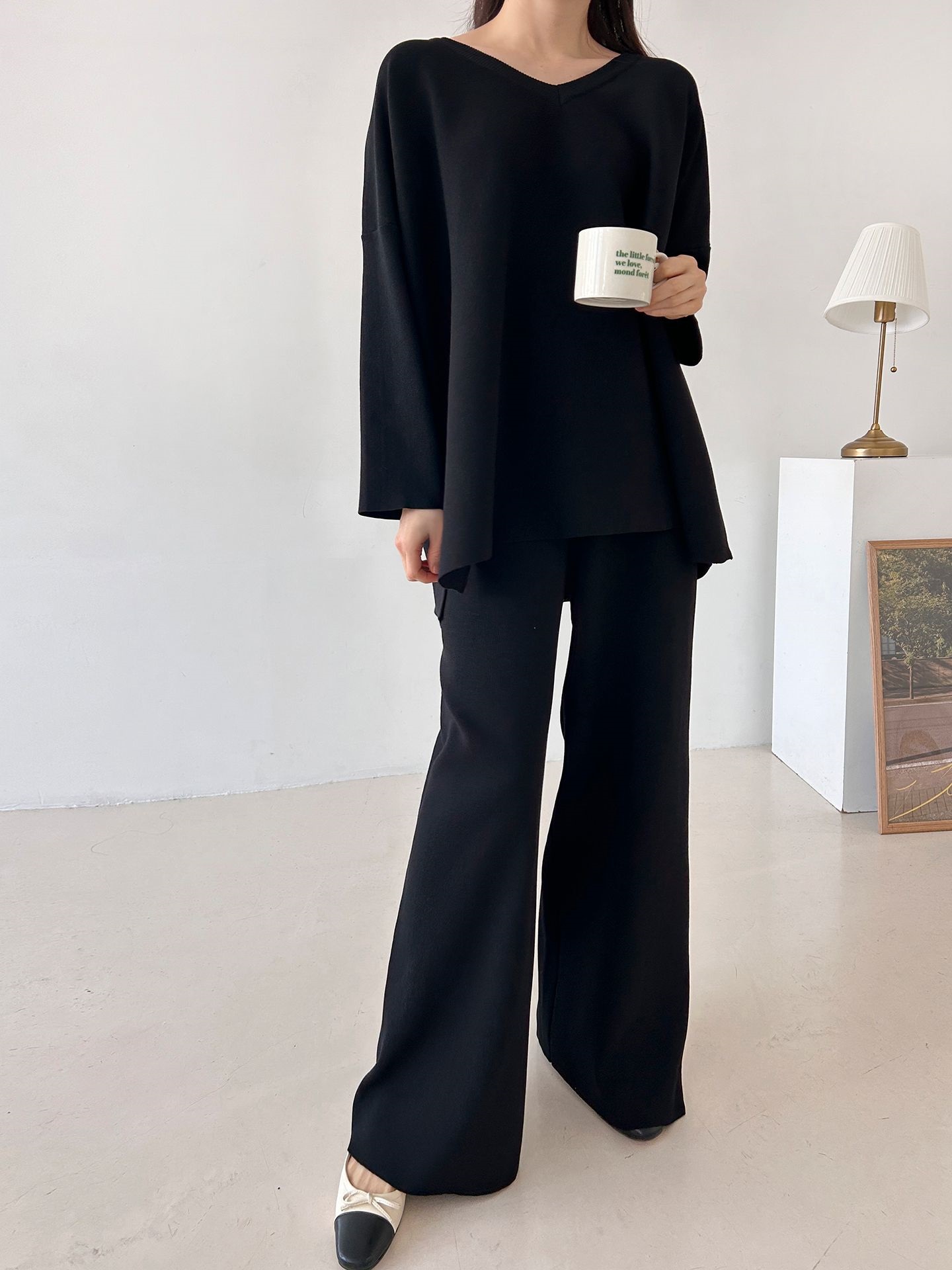 Vネックスリットベーシックウエストゴムルーズ無地セットアップパンツニット | 詳細画像28