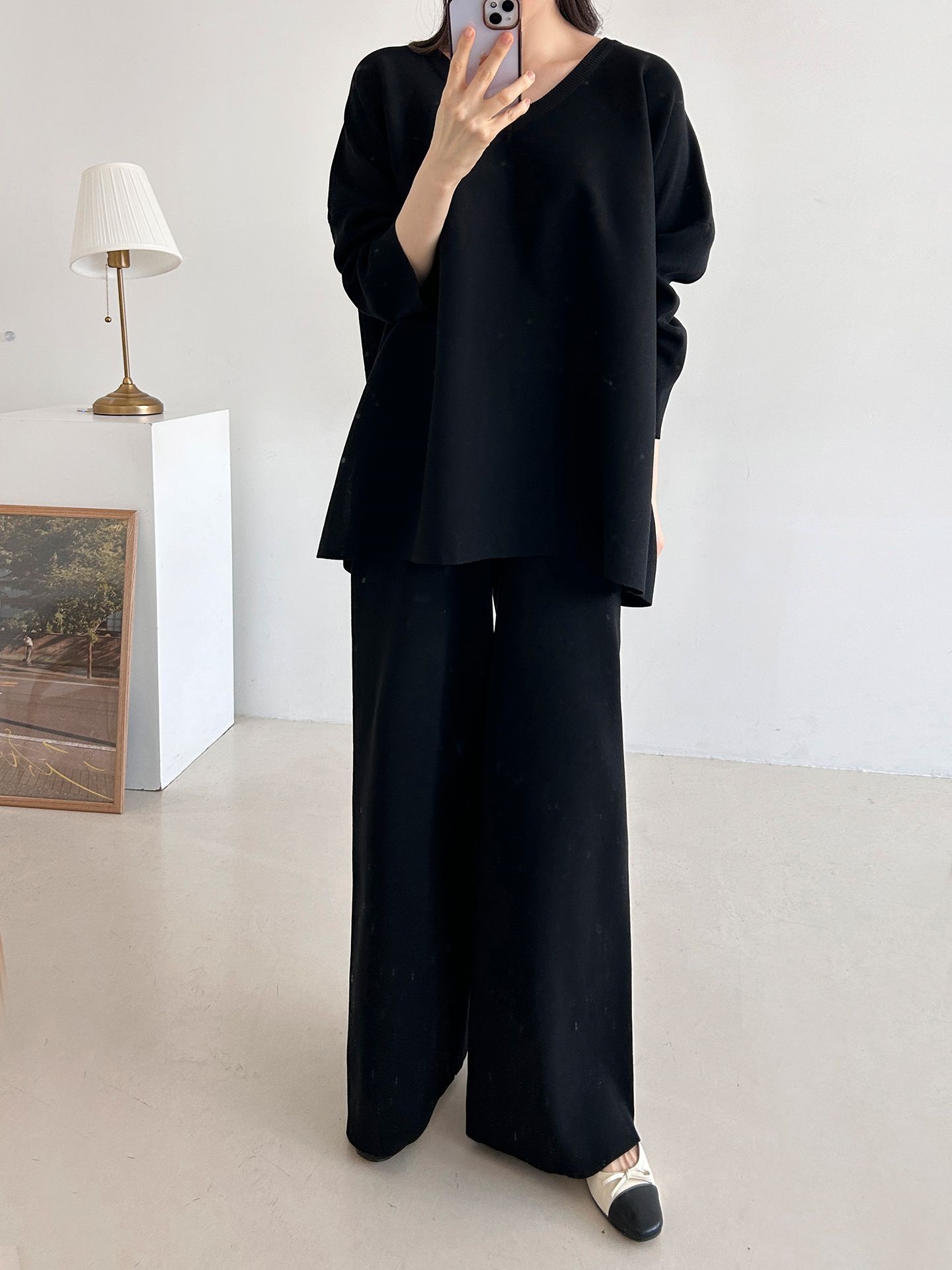 Vネックスリットベーシックウエストゴムルーズ無地セットアップパンツニット | 詳細画像30