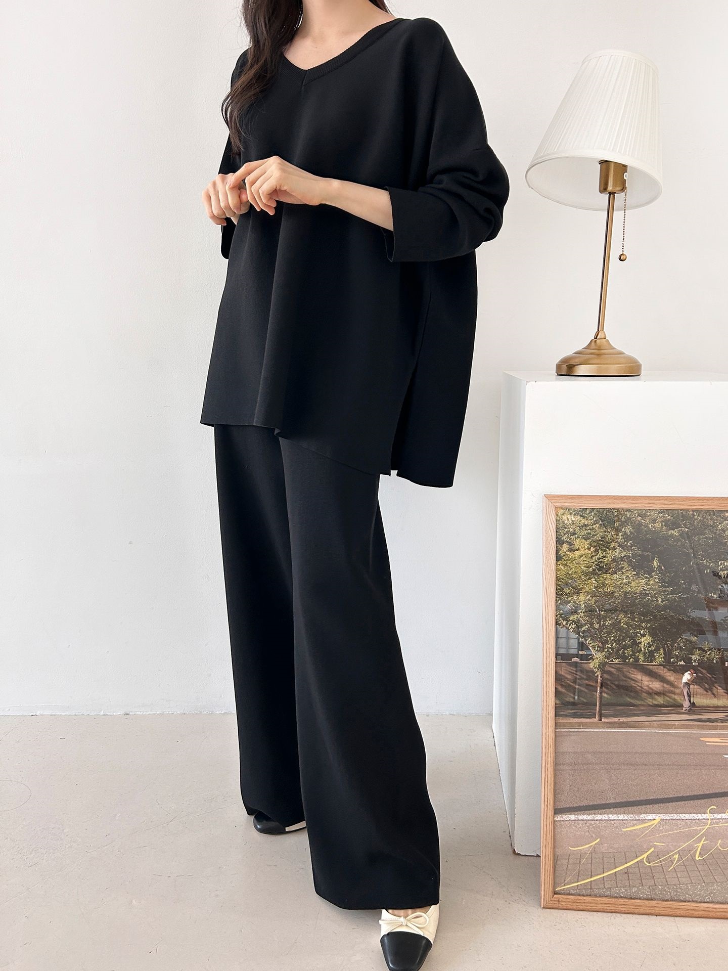 Vネックスリットベーシックウエストゴムルーズ無地セットアップパンツニット | 詳細画像31