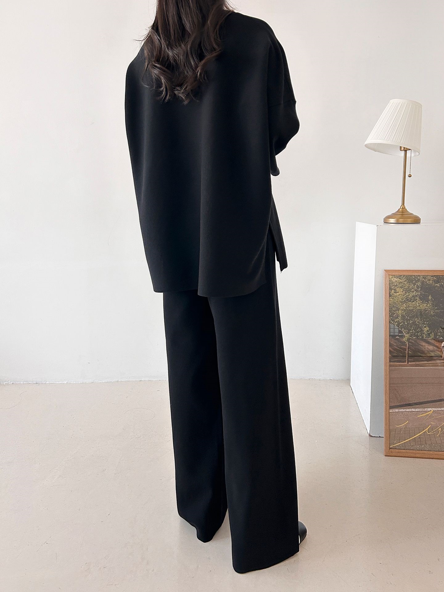 Vネックスリットベーシックウエストゴムルーズ無地セットアップパンツニット | 詳細画像35