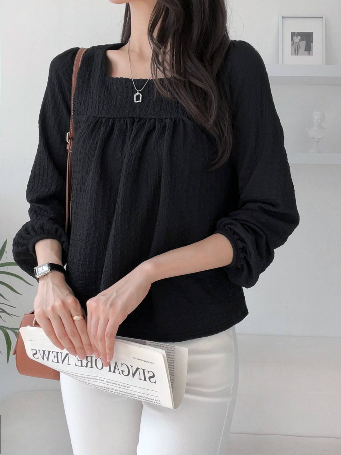 スクエアネックシャーリング長袖ブラウス | 詳細画像5