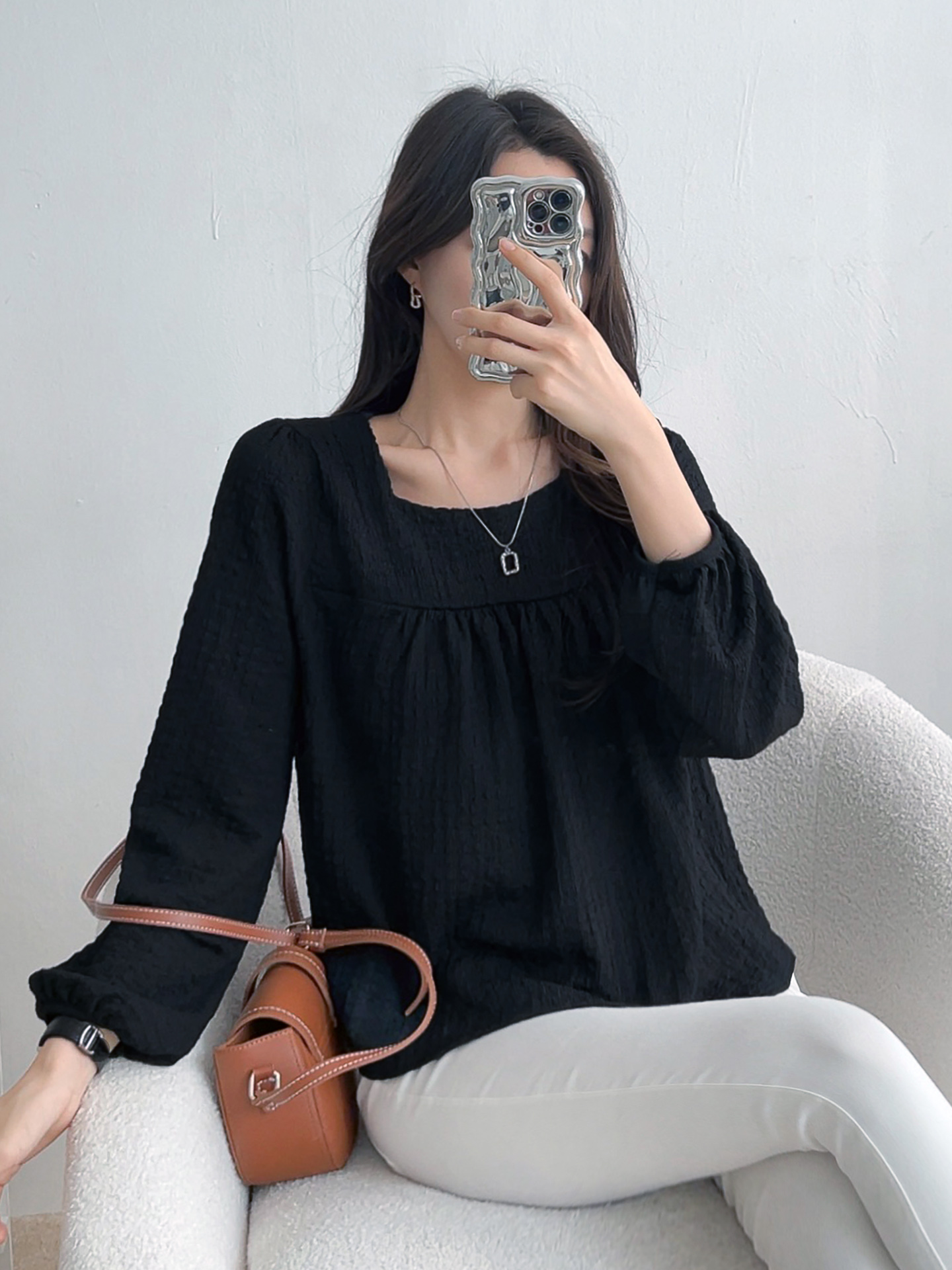 スクエアネックシャーリング長袖ブラウス | 詳細画像6