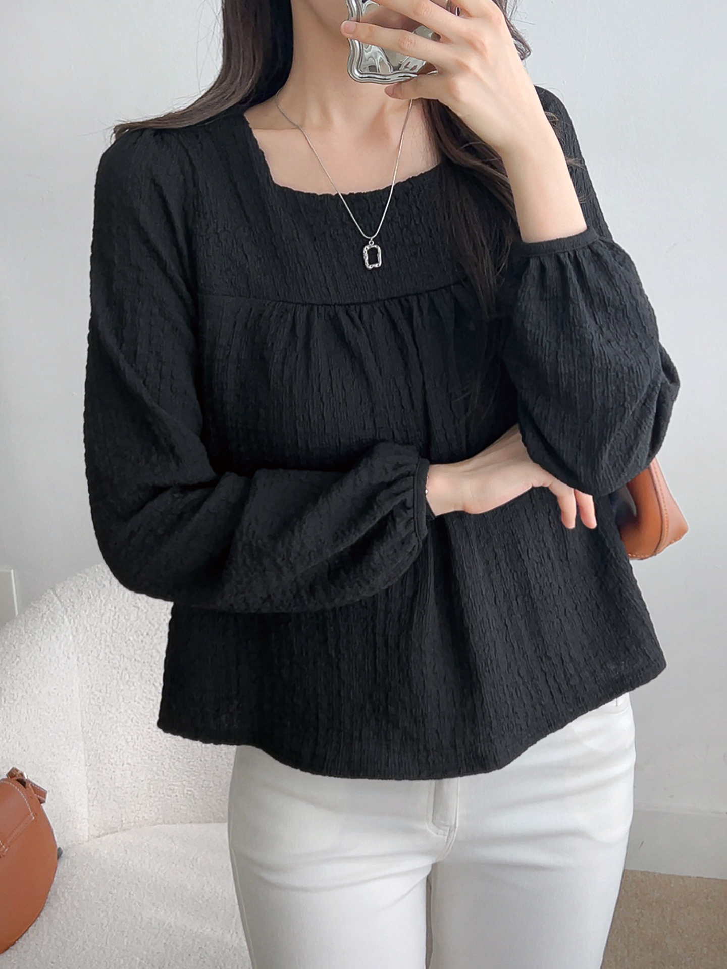 スクエアネックシャーリング長袖ブラウス | 詳細画像7