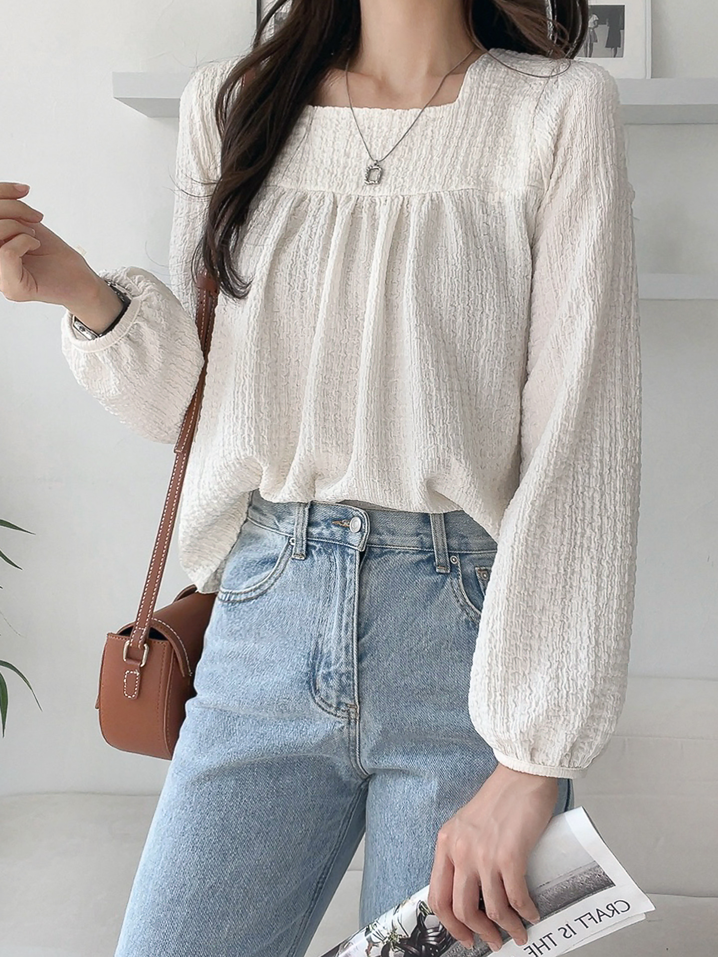 スクエアネックシャーリング長袖ブラウス | 詳細画像8