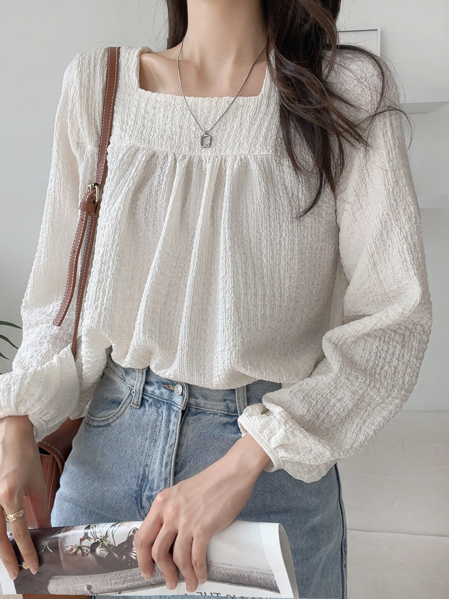 スクエアネックシャーリング長袖ブラウス | 詳細画像9