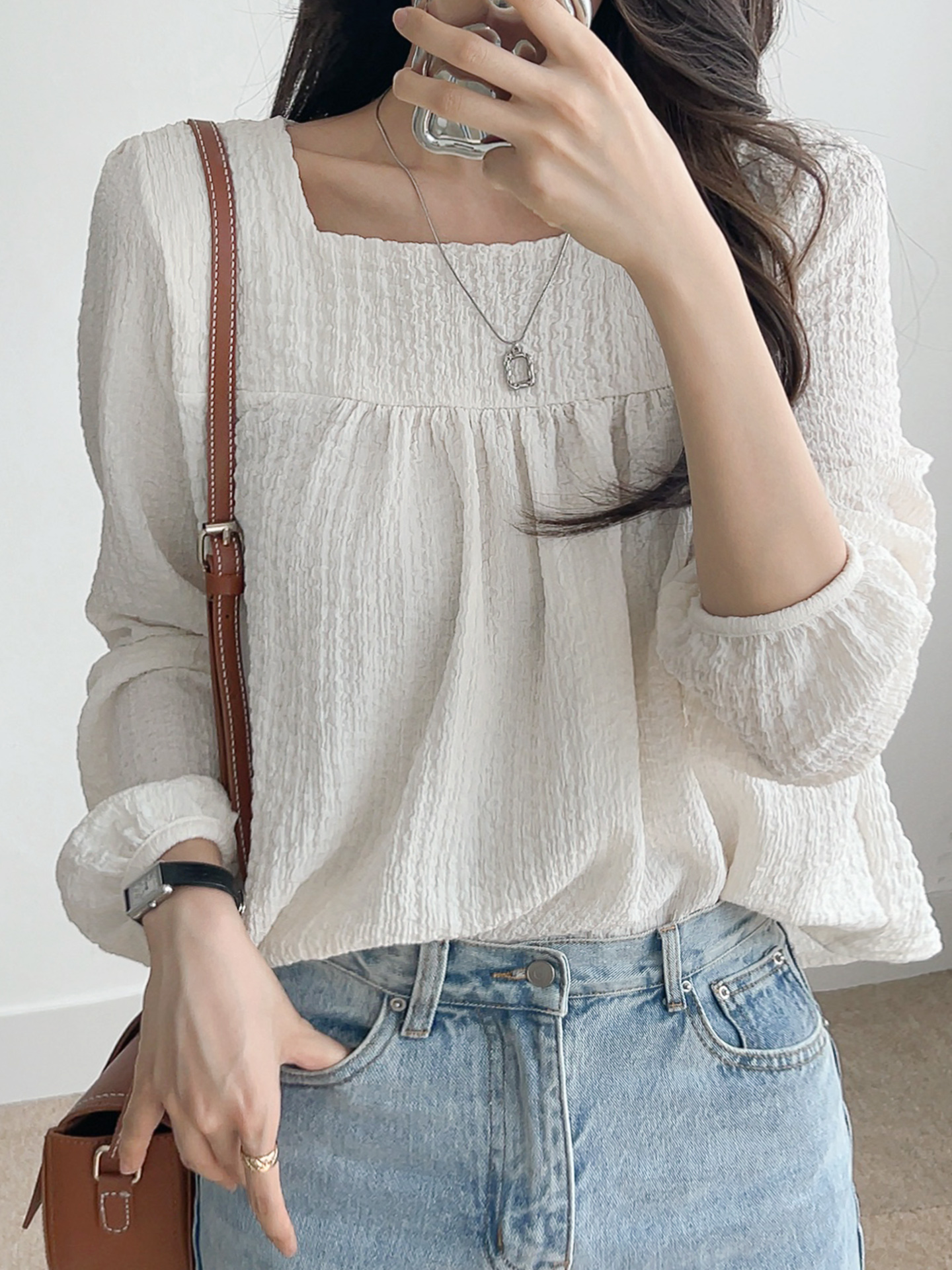 スクエアネックシャーリング長袖ブラウス | 詳細画像11