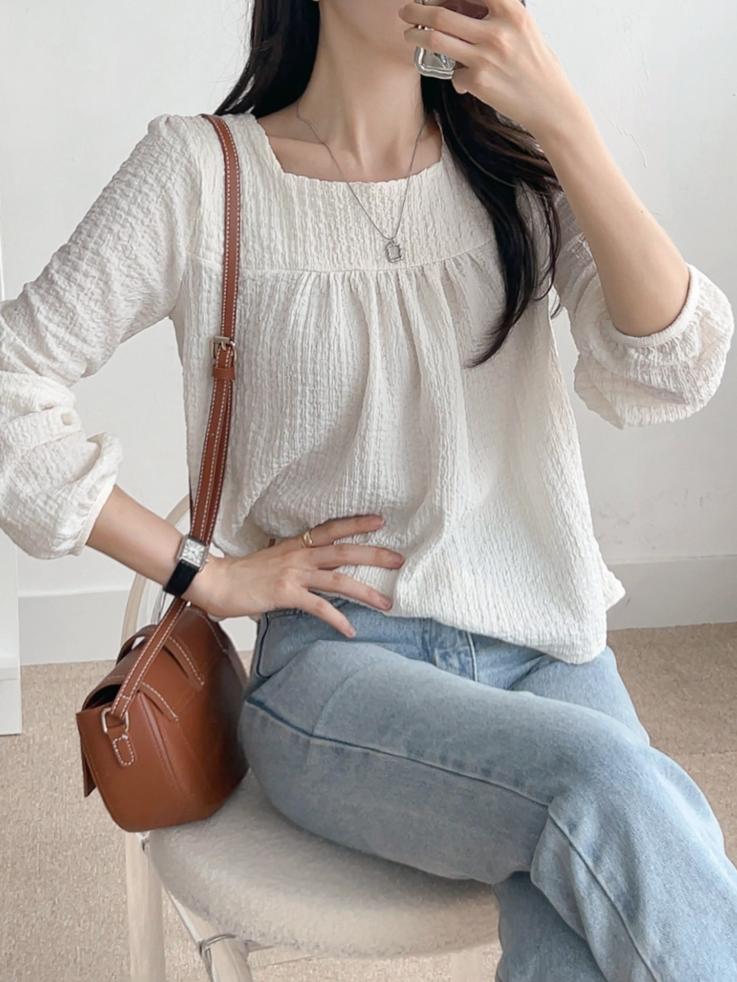 スクエアネックシャーリング長袖ブラウス | 詳細画像10