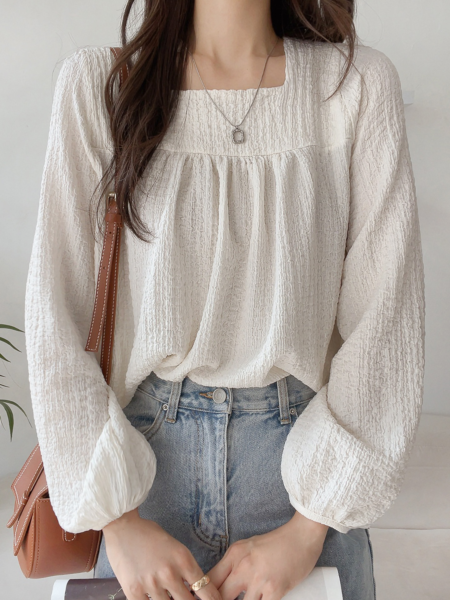 スクエアネックシャーリング長袖ブラウス | 詳細画像12