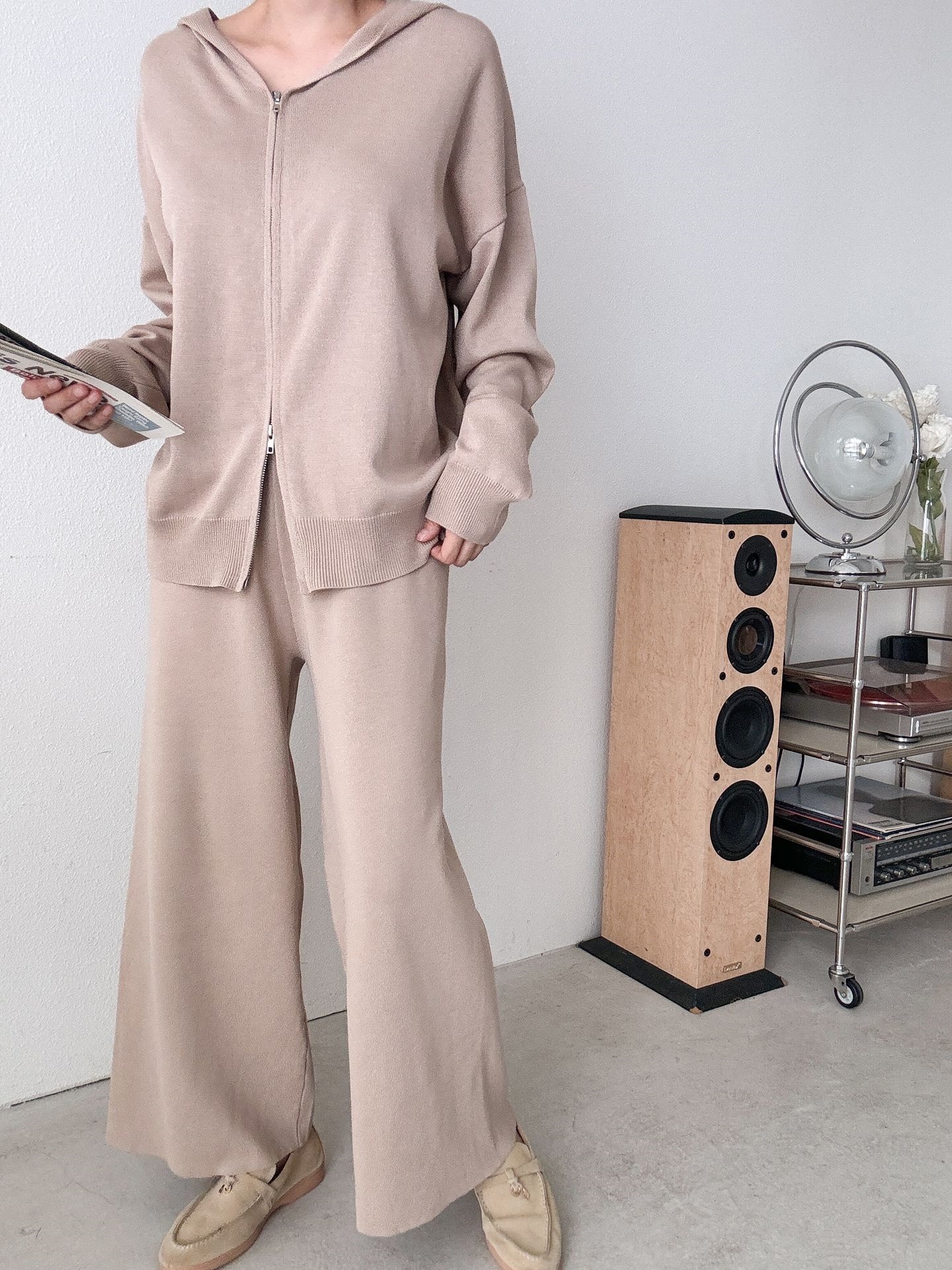 フードダブルジップウエストゴムルーズ長袖セットアップパンツカーディガン | 詳細画像18