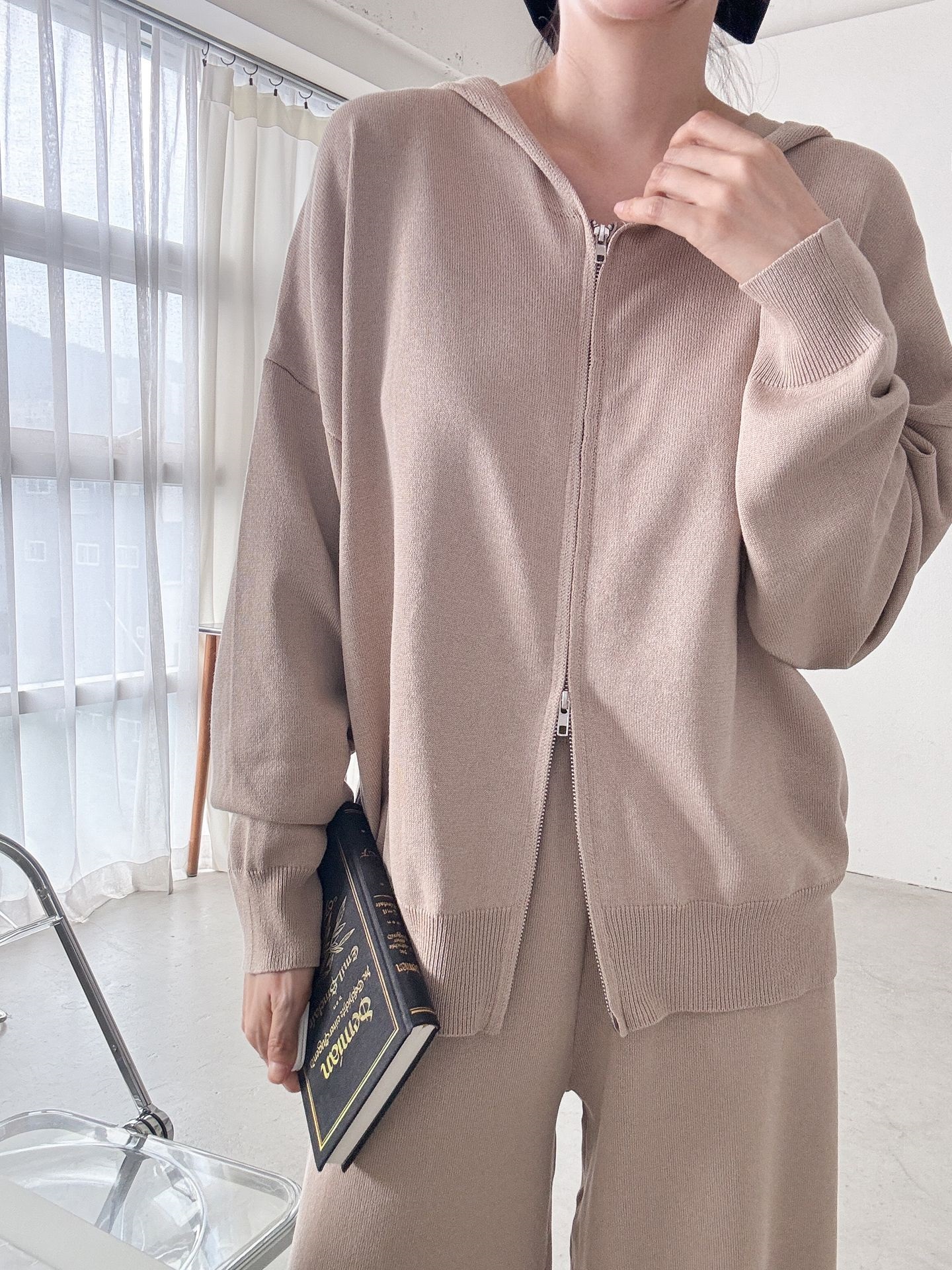 フードダブルジップウエストゴムルーズ長袖セットアップパンツカーディガン | 詳細画像6