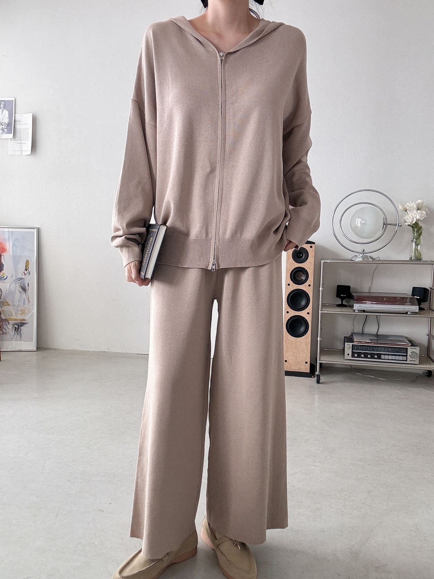 フードダブルジップウエストゴムルーズ長袖セットアップパンツカーディガン | 詳細画像7