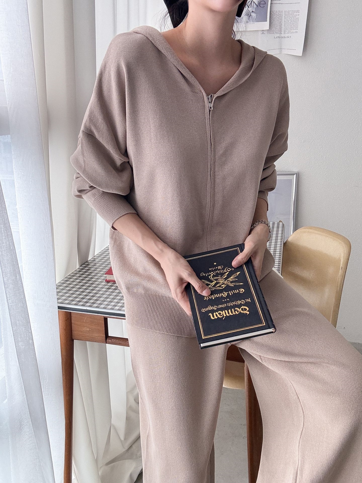 フードダブルジップウエストゴムルーズ長袖セットアップパンツカーディガン | 詳細画像8