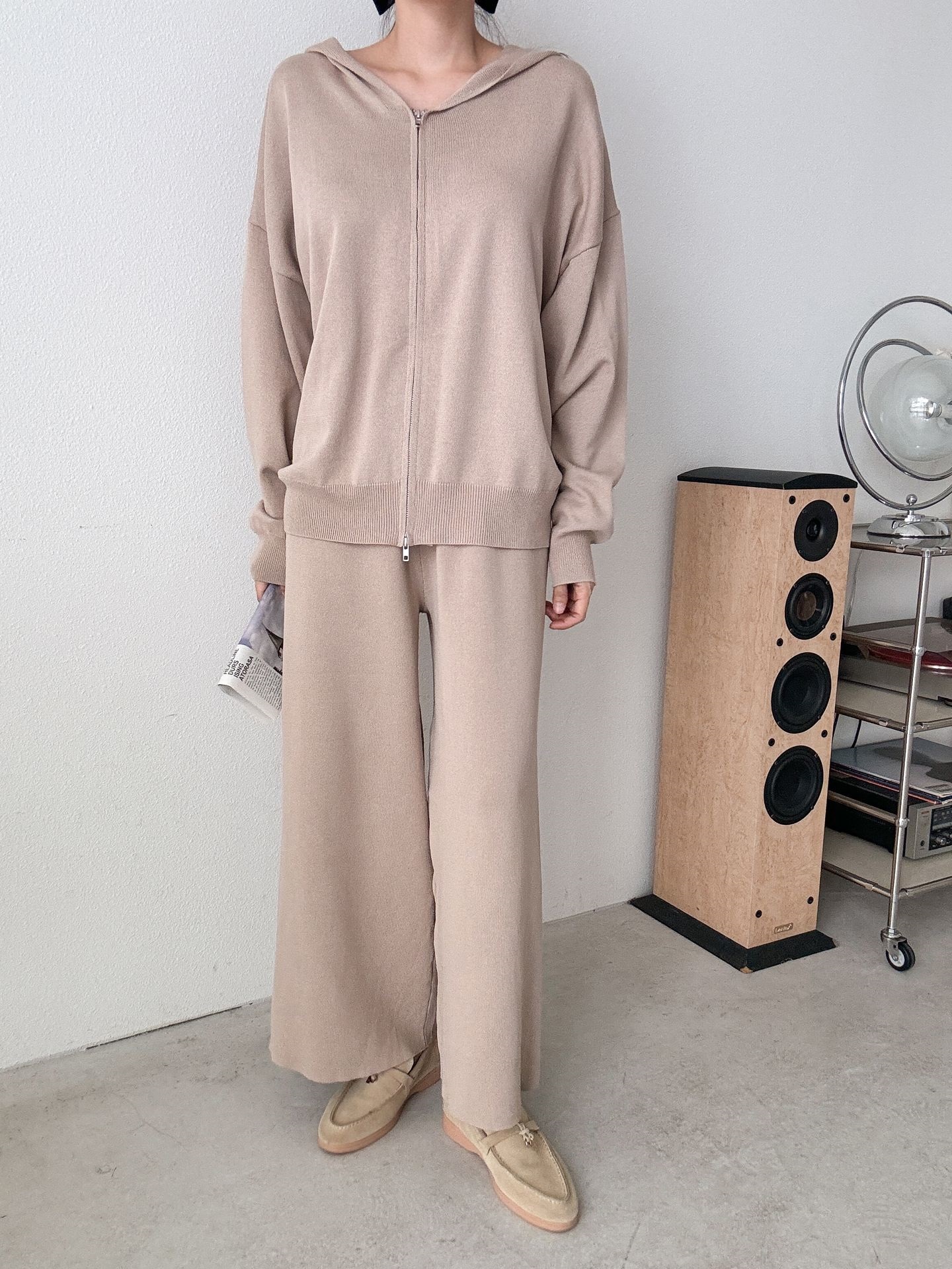 フードダブルジップウエストゴムルーズ長袖セットアップパンツカーディガン | 詳細画像10