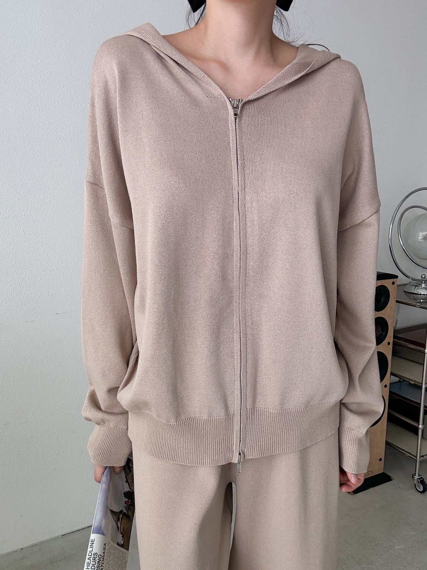 フードダブルジップウエストゴムルーズ長袖セットアップパンツカーディガン | 詳細画像17