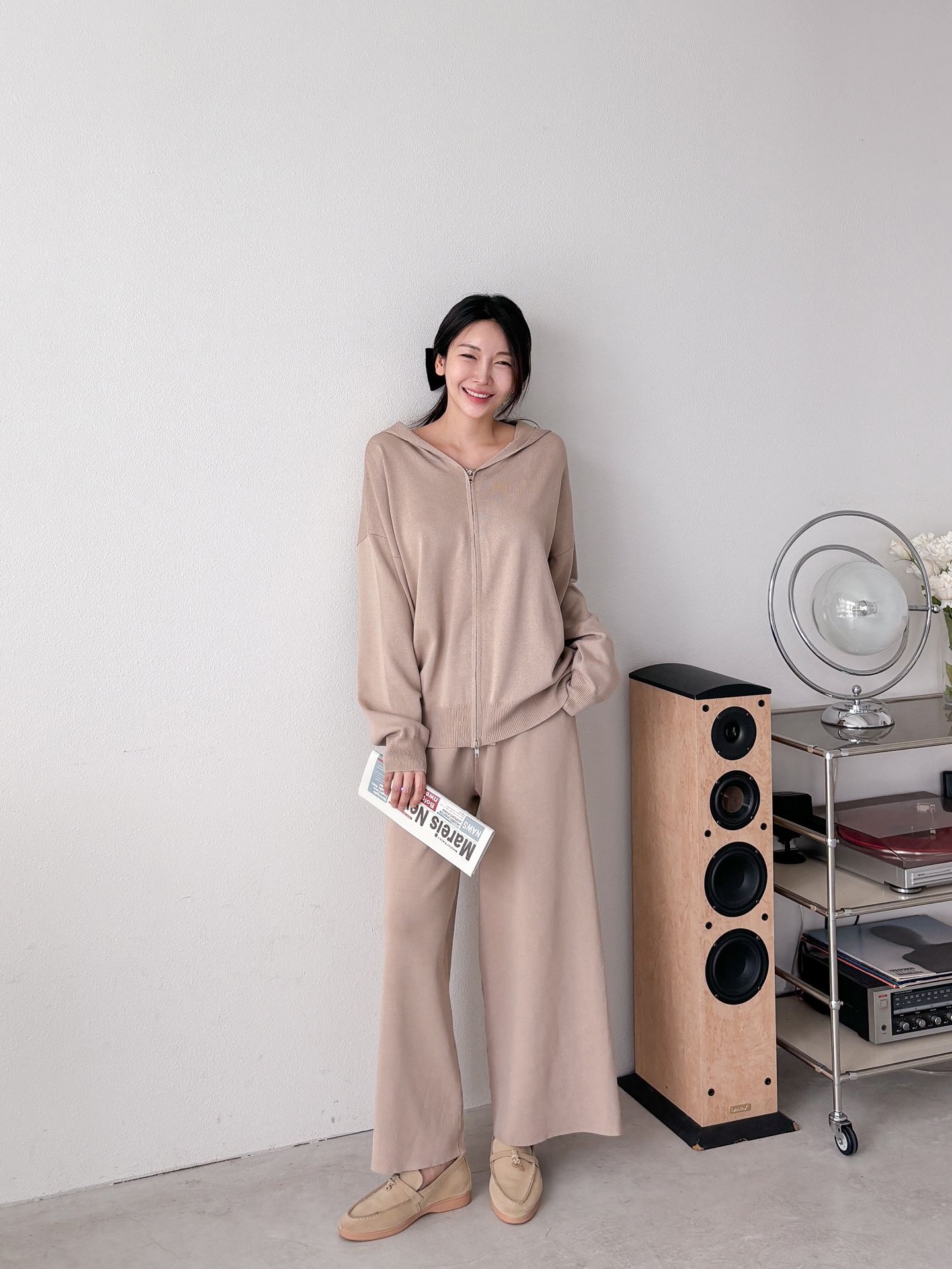 フードダブルジップウエストゴムルーズ長袖セットアップパンツカーディガン | 詳細画像4