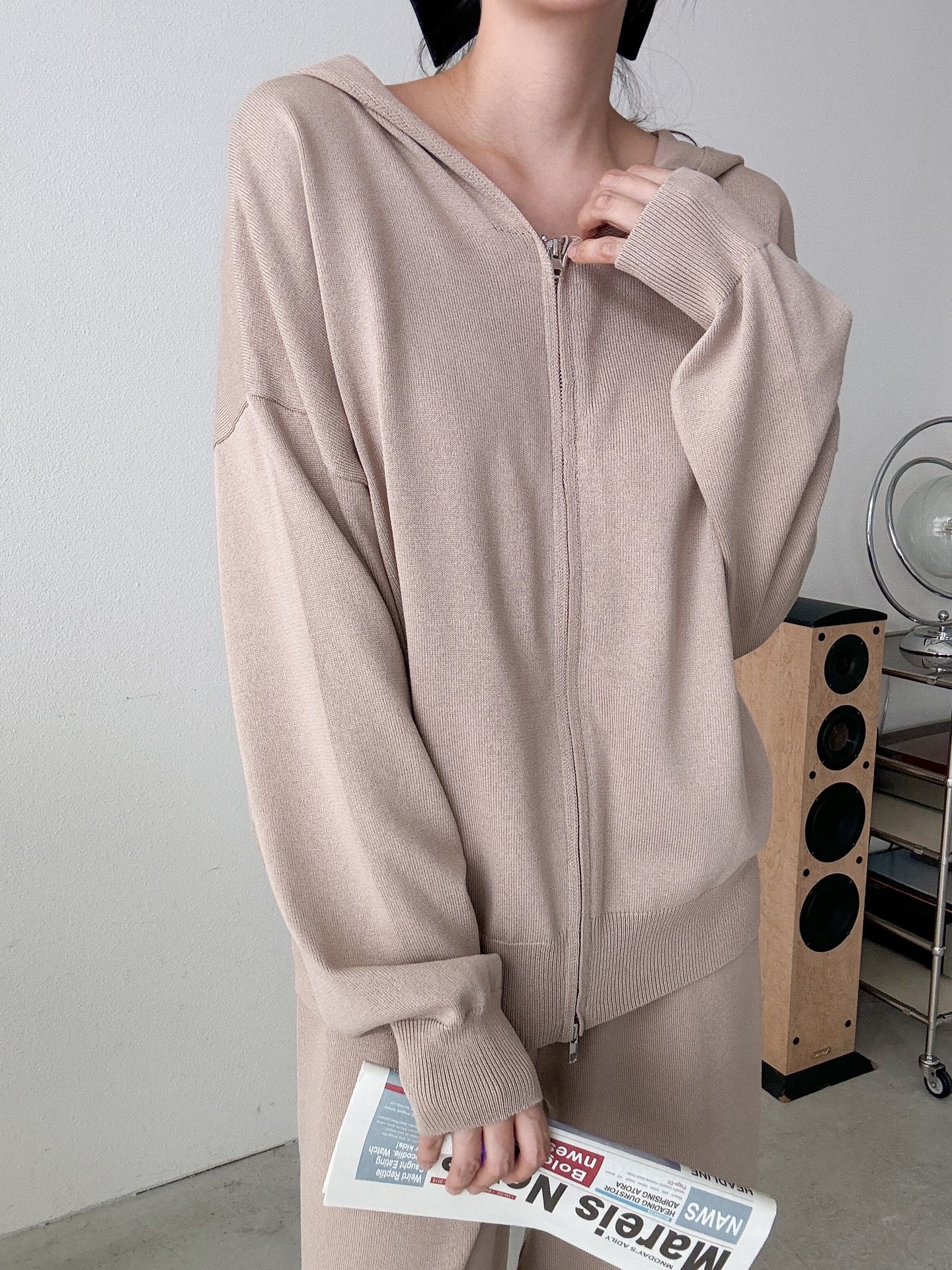 フードダブルジップウエストゴムルーズ長袖セットアップパンツカーディガン | 詳細画像19