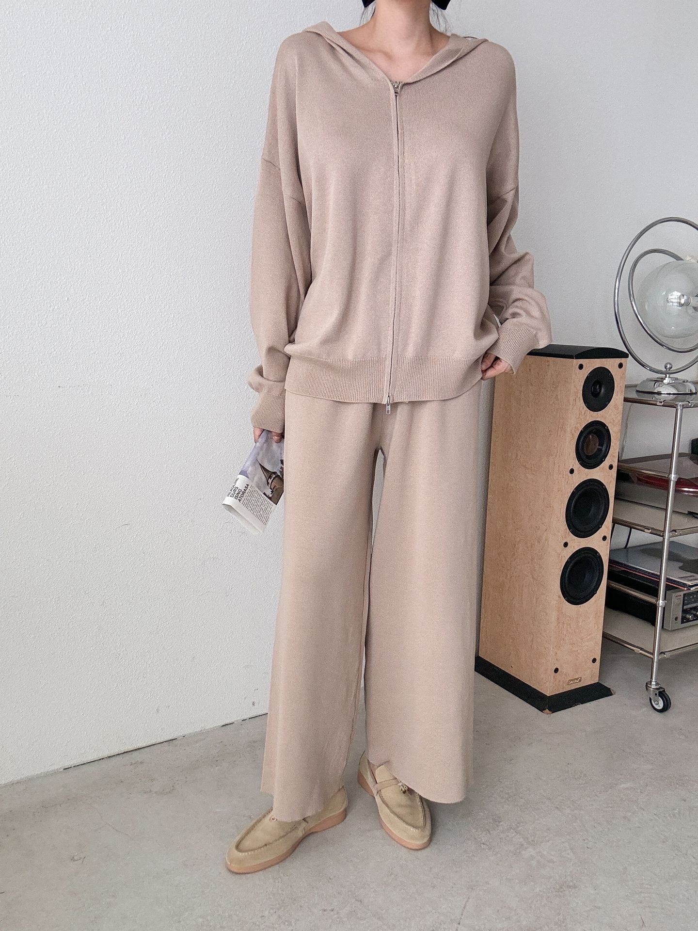 フードダブルジップウエストゴムルーズ長袖セットアップパンツカーディガン | 詳細画像20