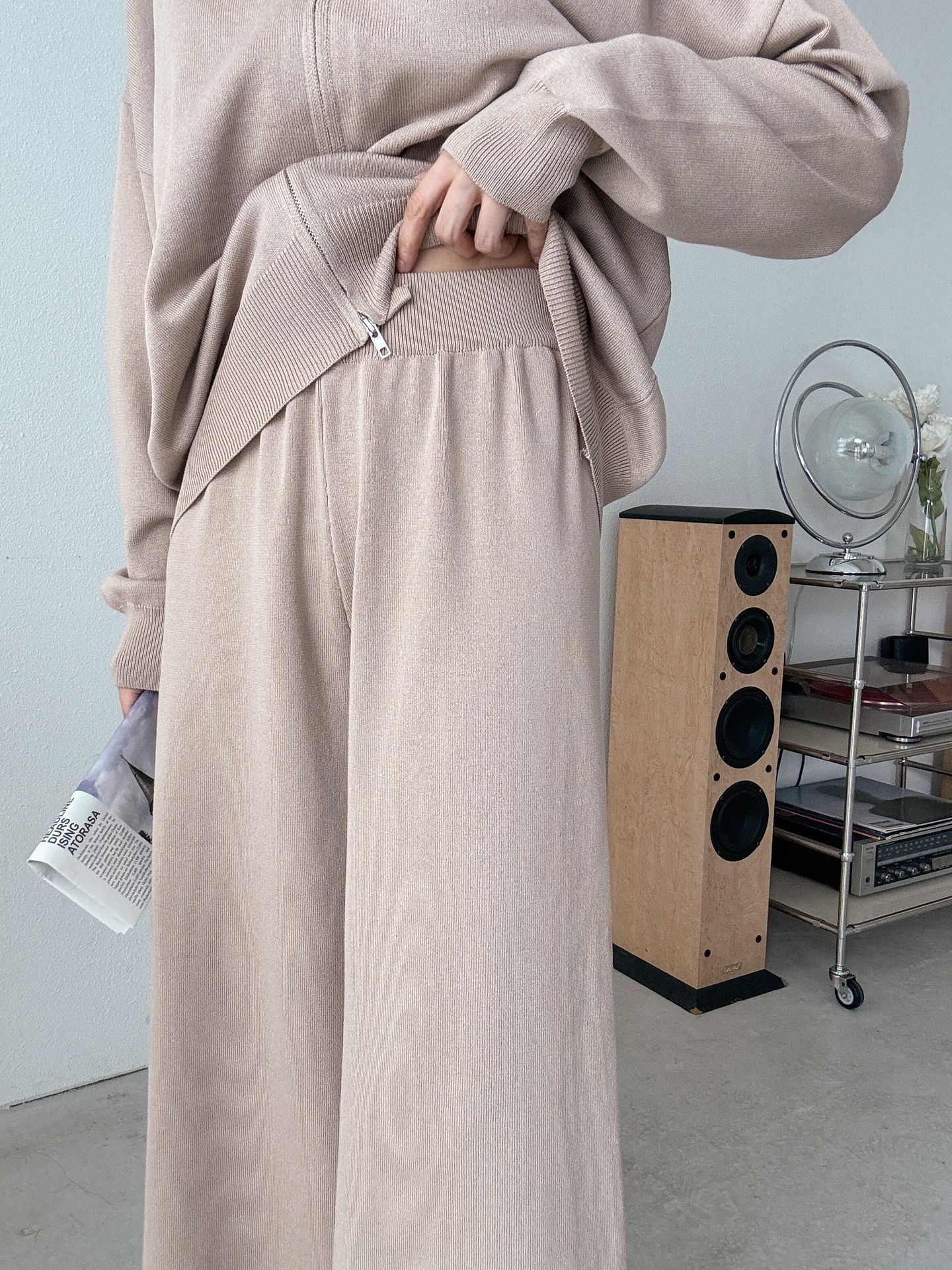 フードダブルジップウエストゴムルーズ長袖セットアップパンツカーディガン | 詳細画像15