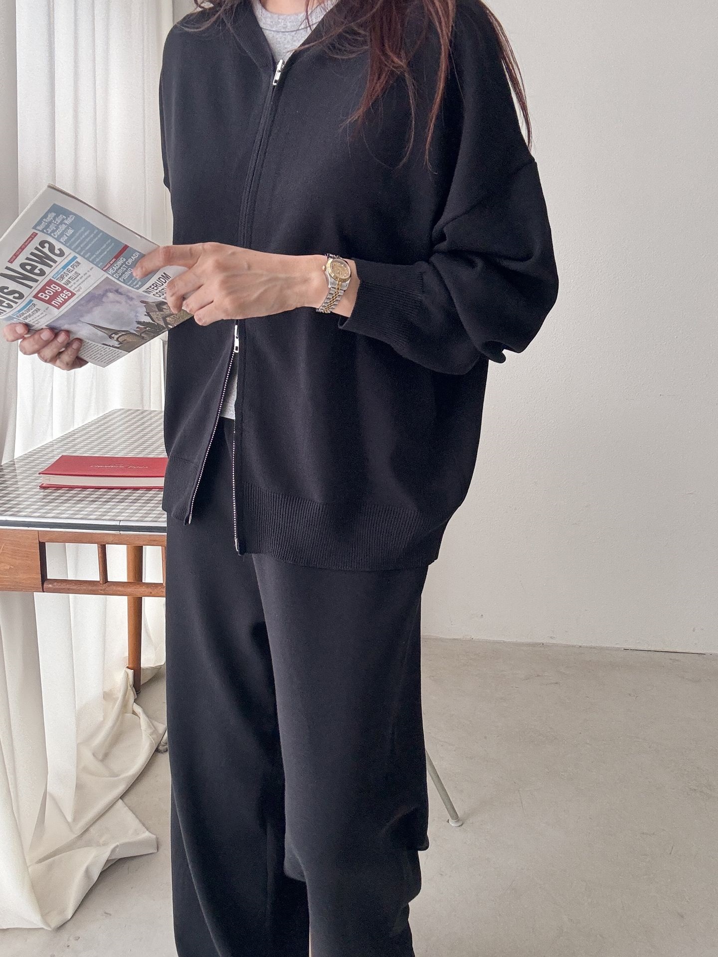 フードダブルジップウエストゴムルーズ長袖セットアップパンツカーディガン | 詳細画像25