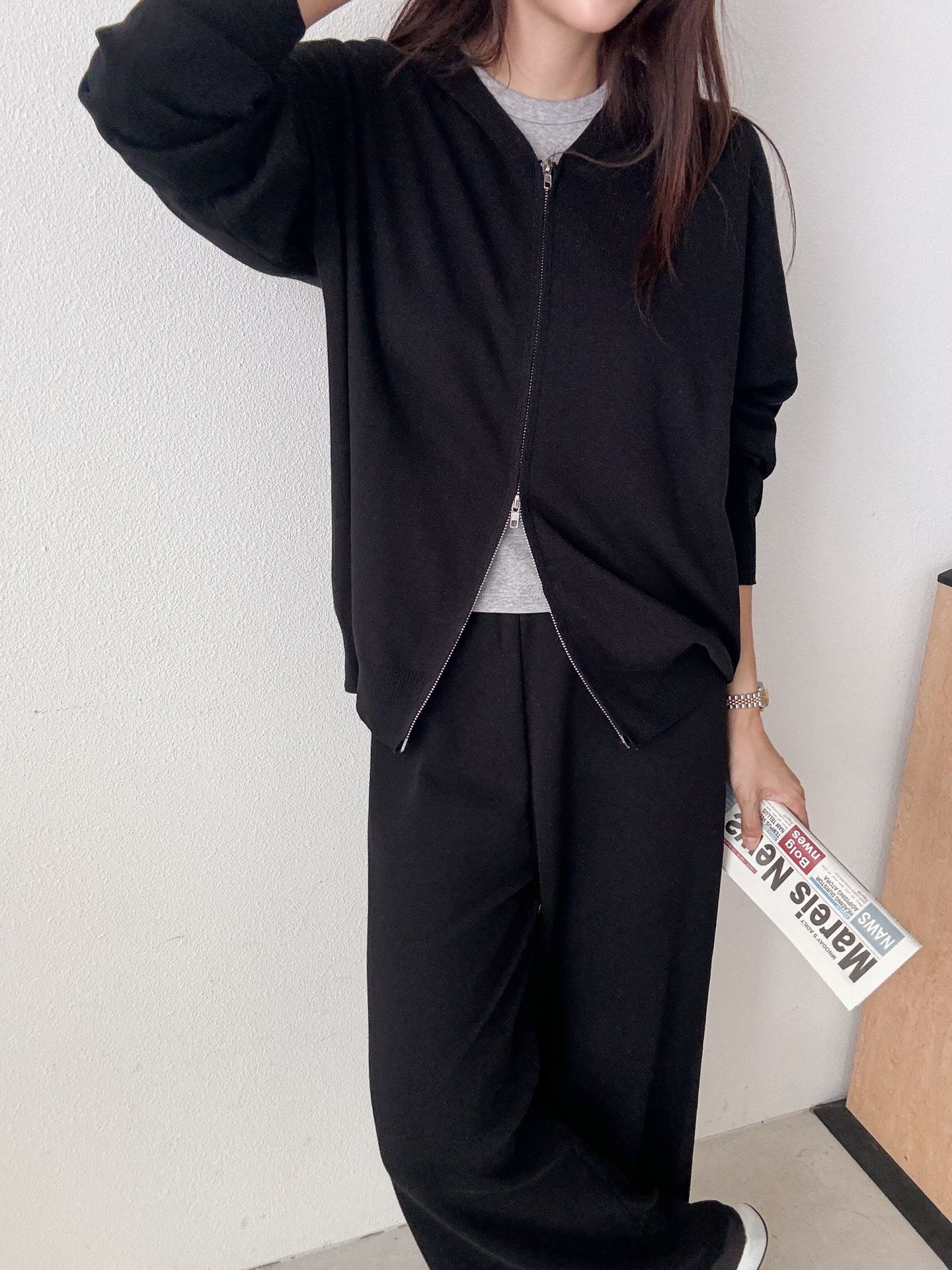 フードダブルジップウエストゴムルーズ長袖セットアップパンツカーディガン | 詳細画像26